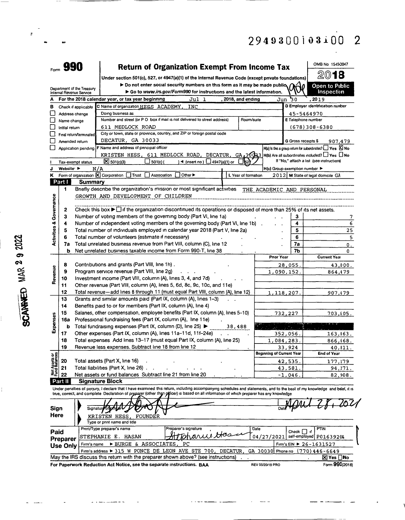 Image of first page of 2018 Form 990 for Hess Academy