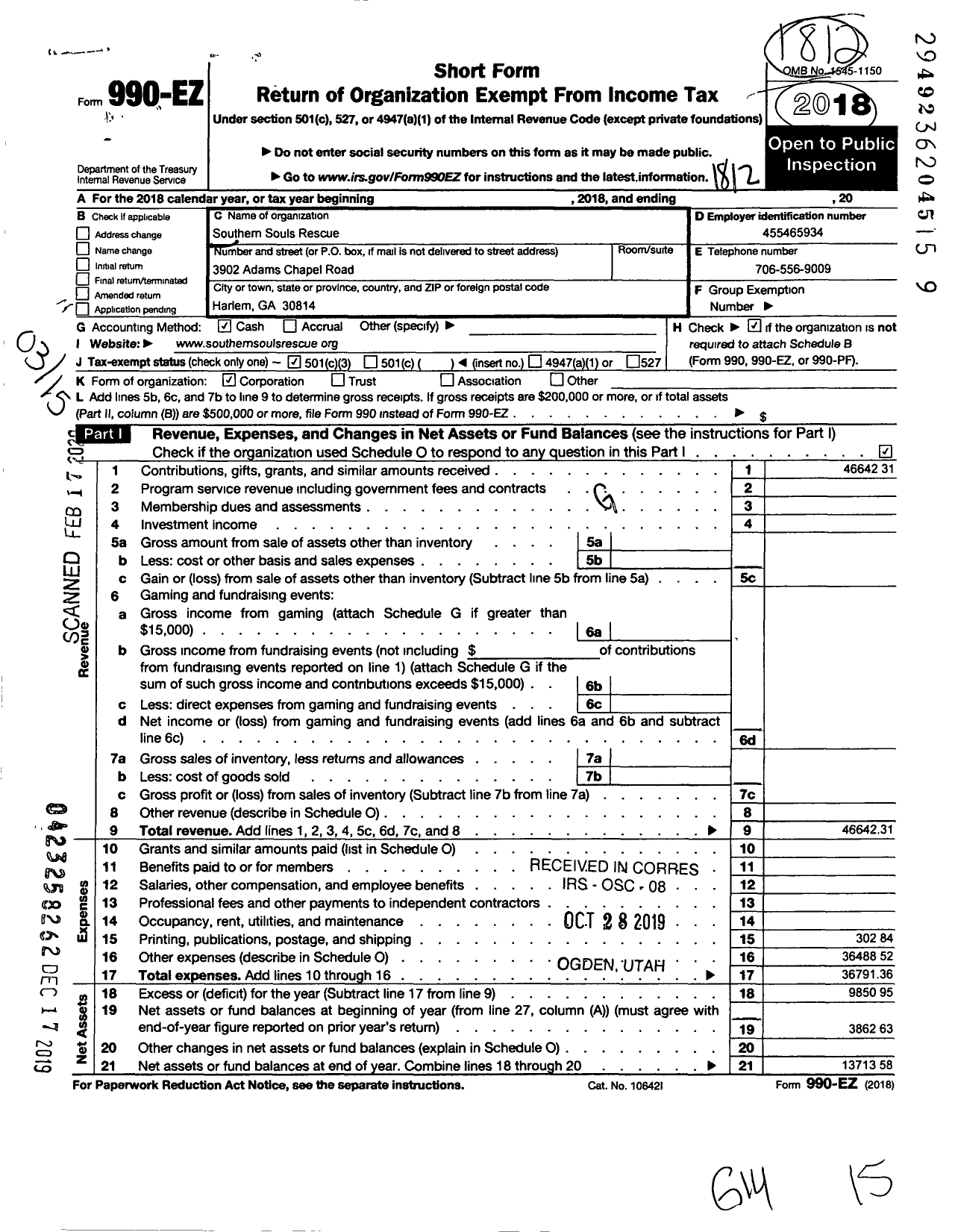 Image of first page of 2018 Form 990EZ for Southern Souls Rescue