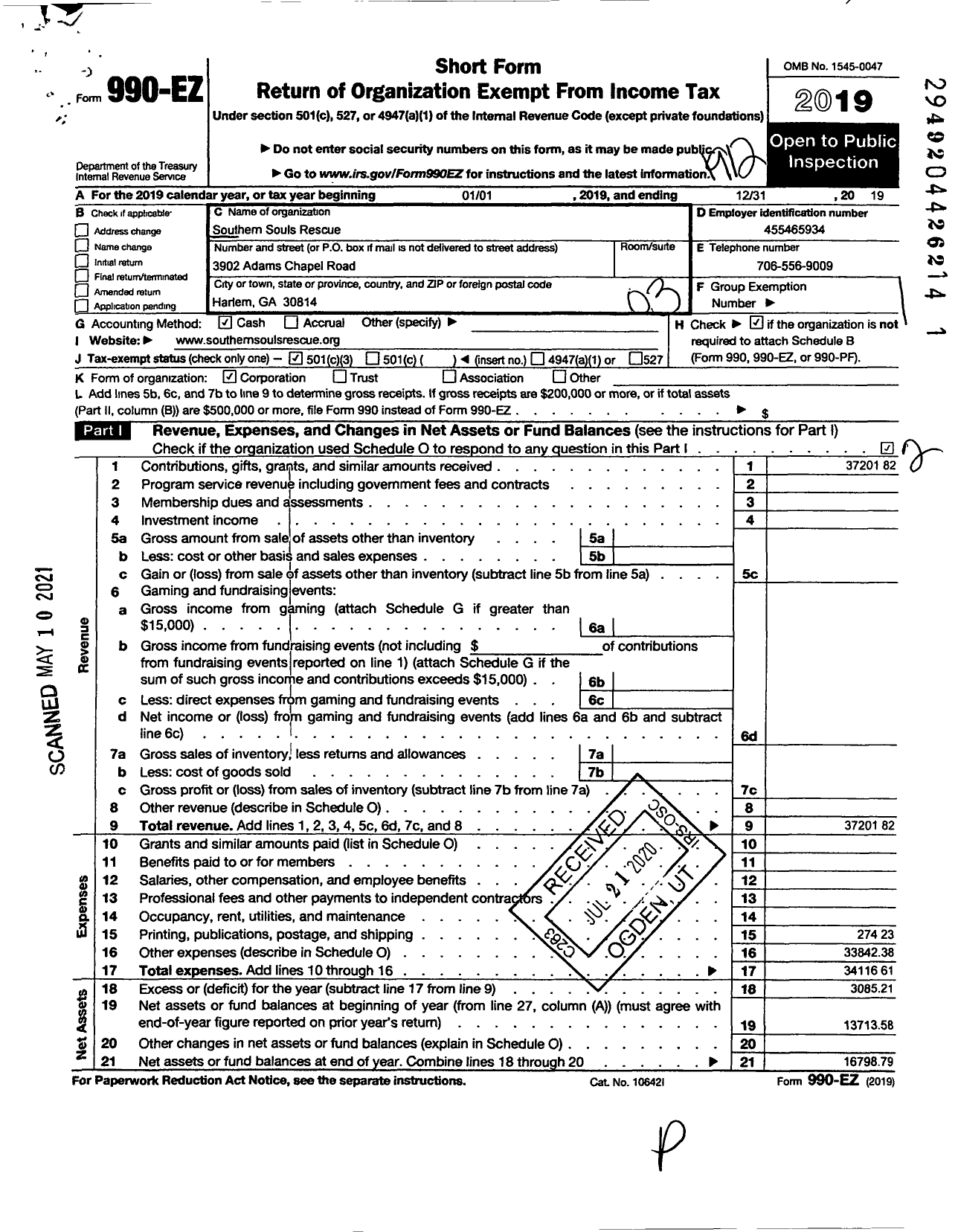 Image of first page of 2019 Form 990EZ for Southern Souls Rescue