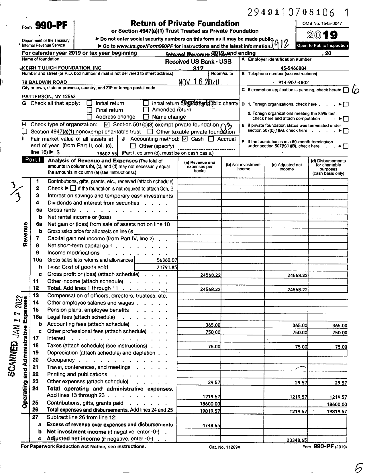 Image of first page of 2019 Form 990PF for Keith T Ulich Foundation