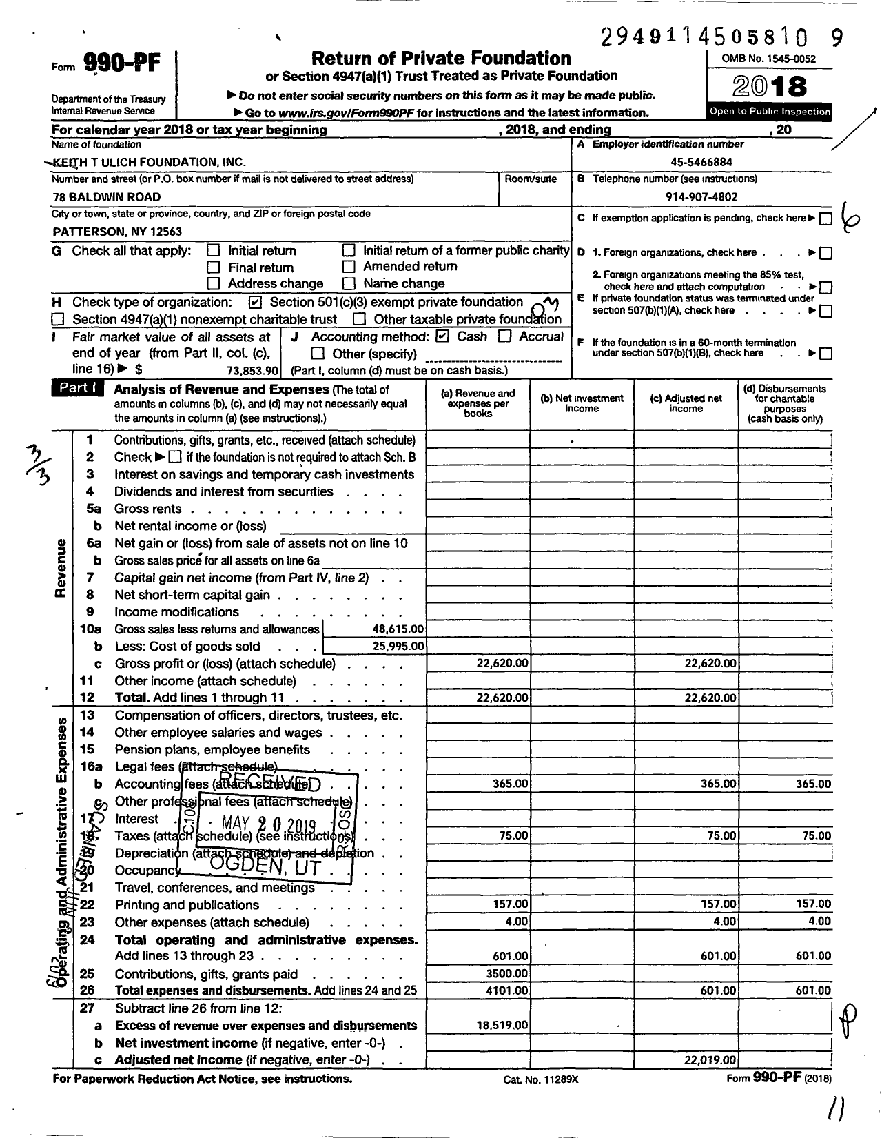 Image of first page of 2018 Form 990PF for Keith T Ulich Foundation