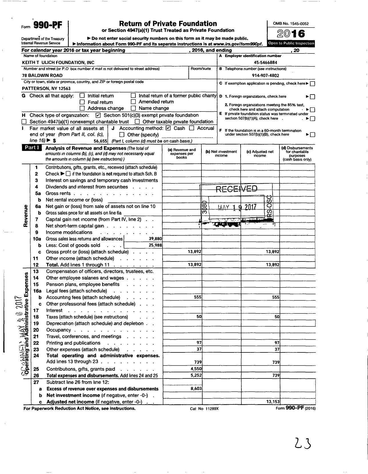 Image of first page of 2016 Form 990PF for Keith T Ulich Foundation