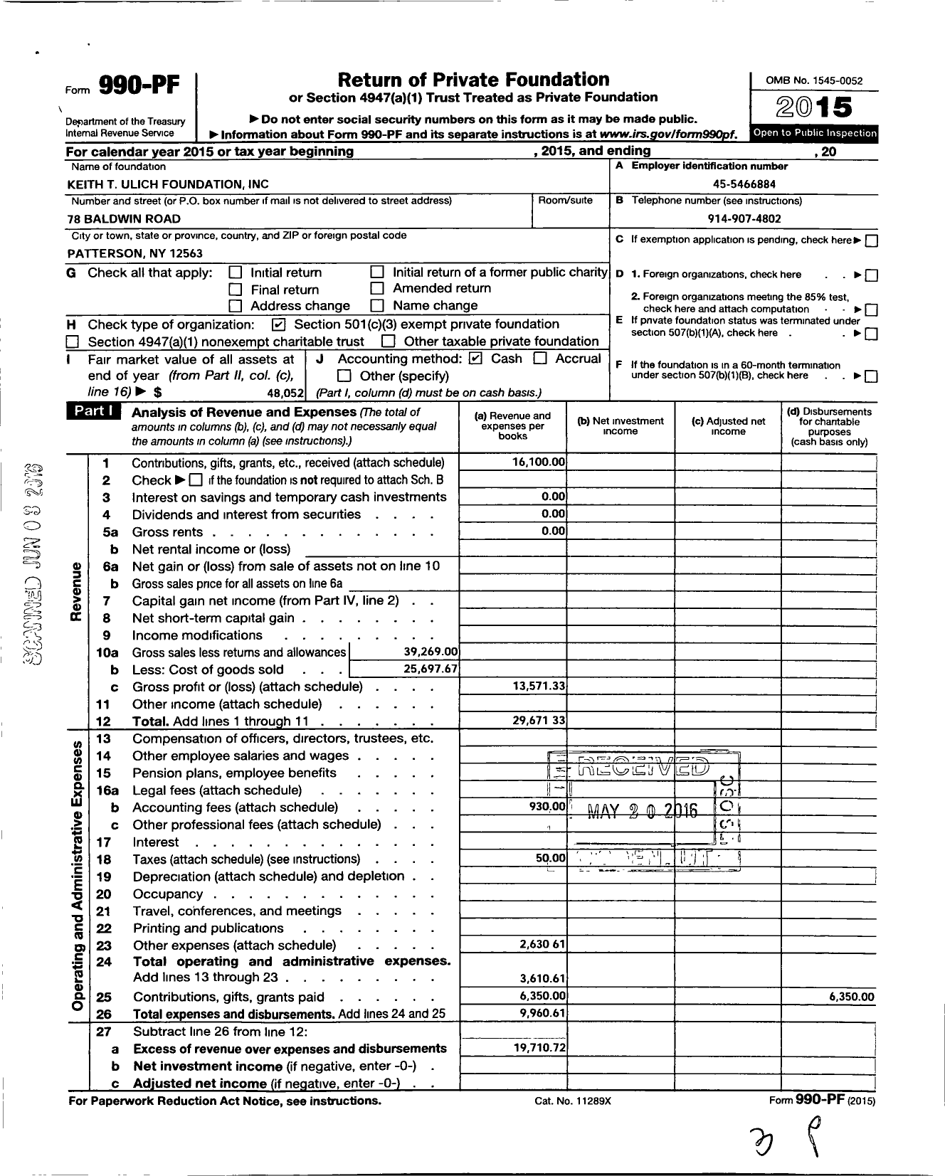 Image of first page of 2015 Form 990PF for Keith T Ulich Foundation