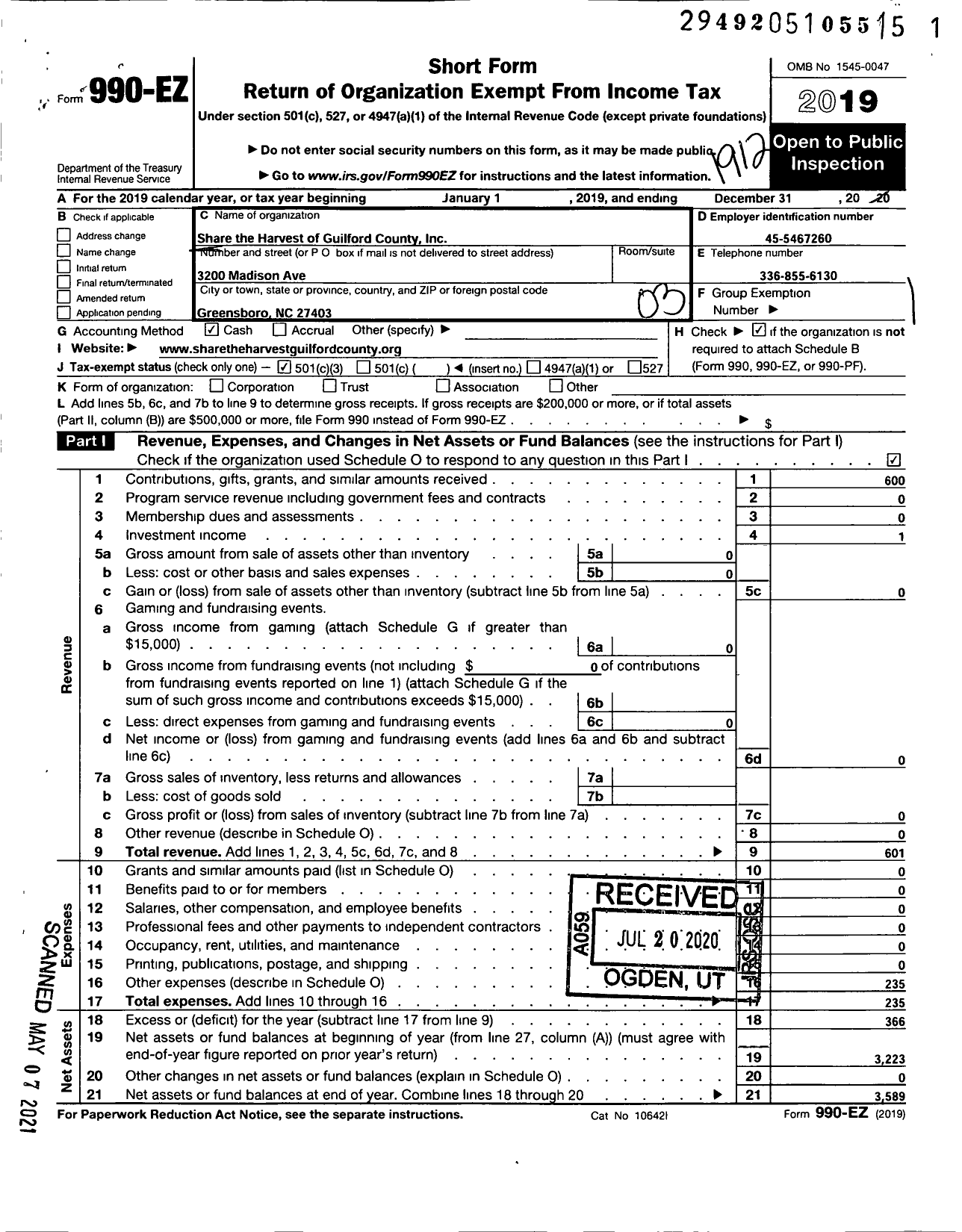 Image of first page of 2019 Form 990EZ for Share the Harvest