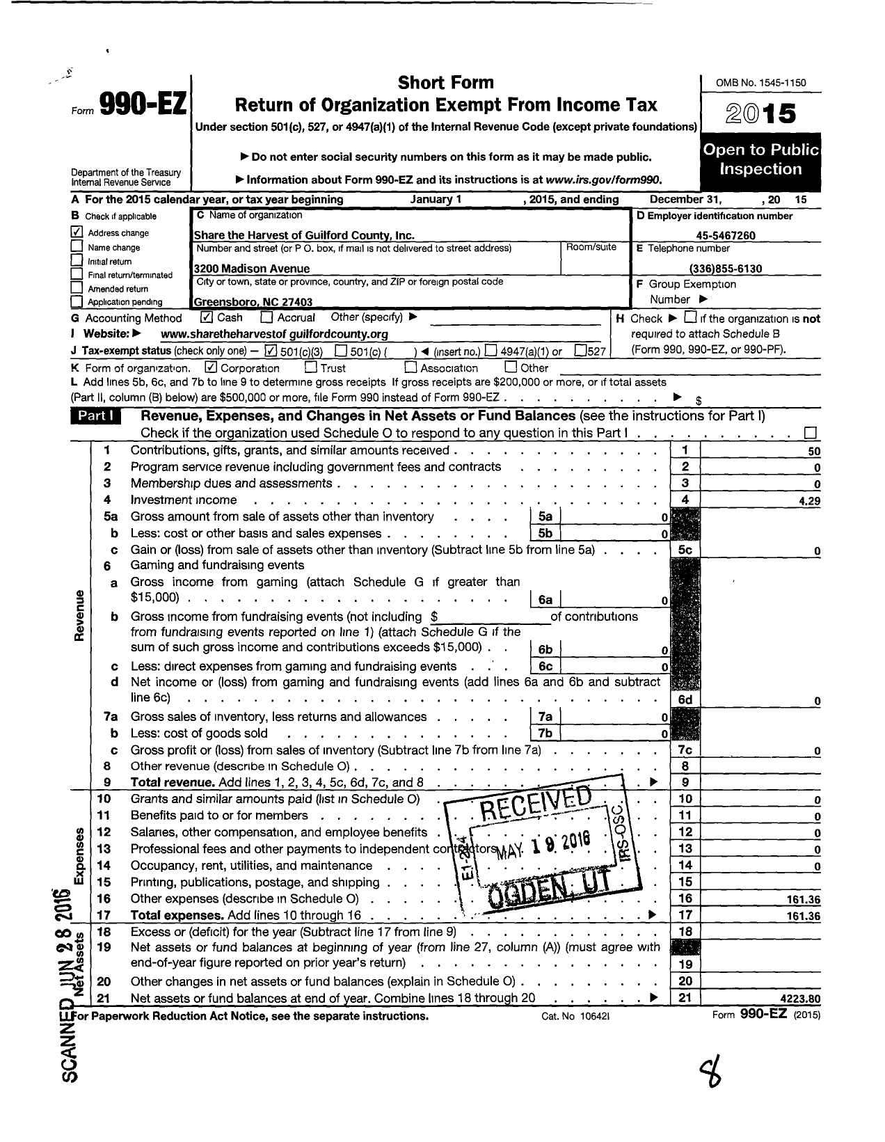 Image of first page of 2015 Form 990EZ for Share the Harvest