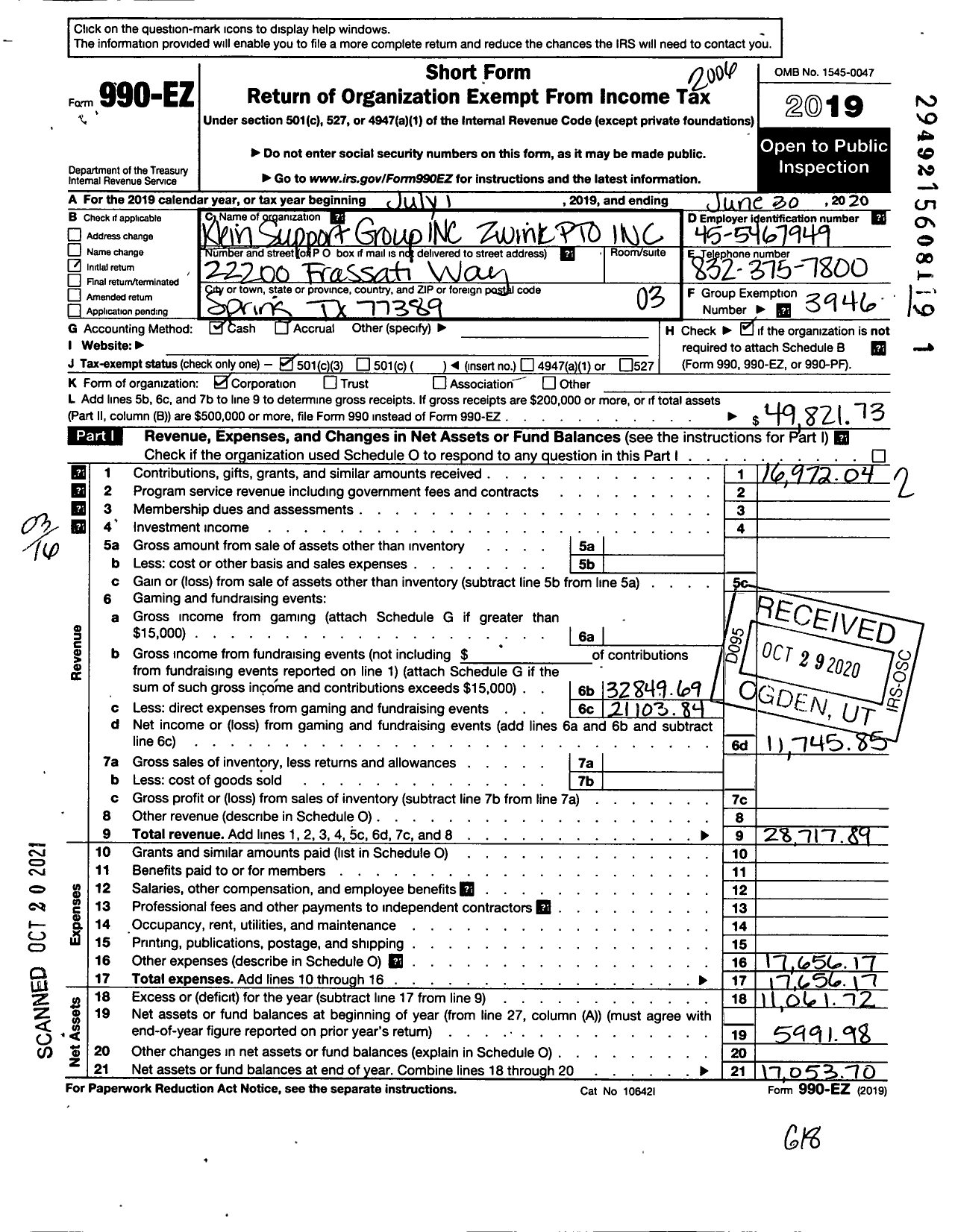 Image of first page of 2019 Form 990EZ for Klein Support Groups / Zwink Elementary Pto