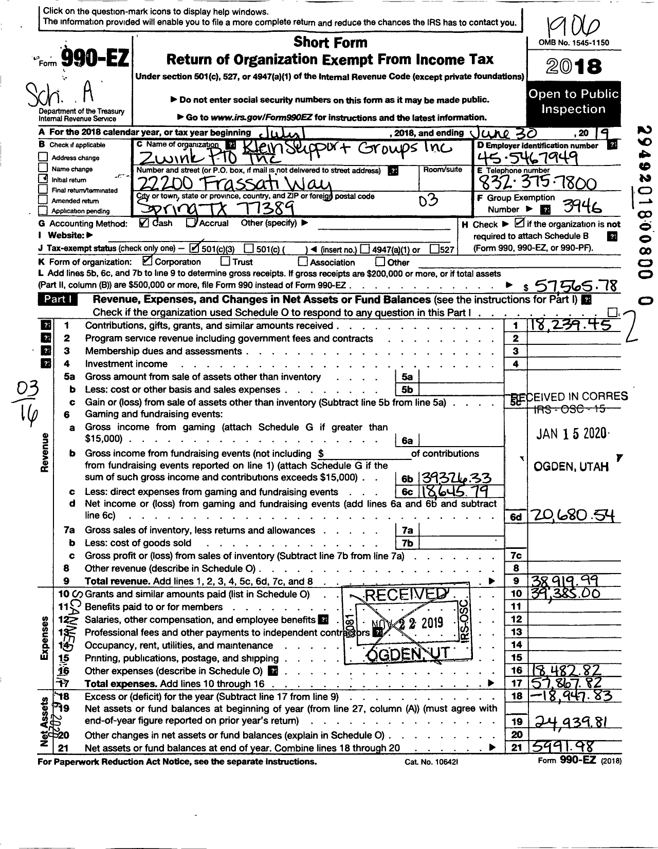 Image of first page of 2018 Form 990EZ for Klein Support Groups / Zwink Elementary Pto