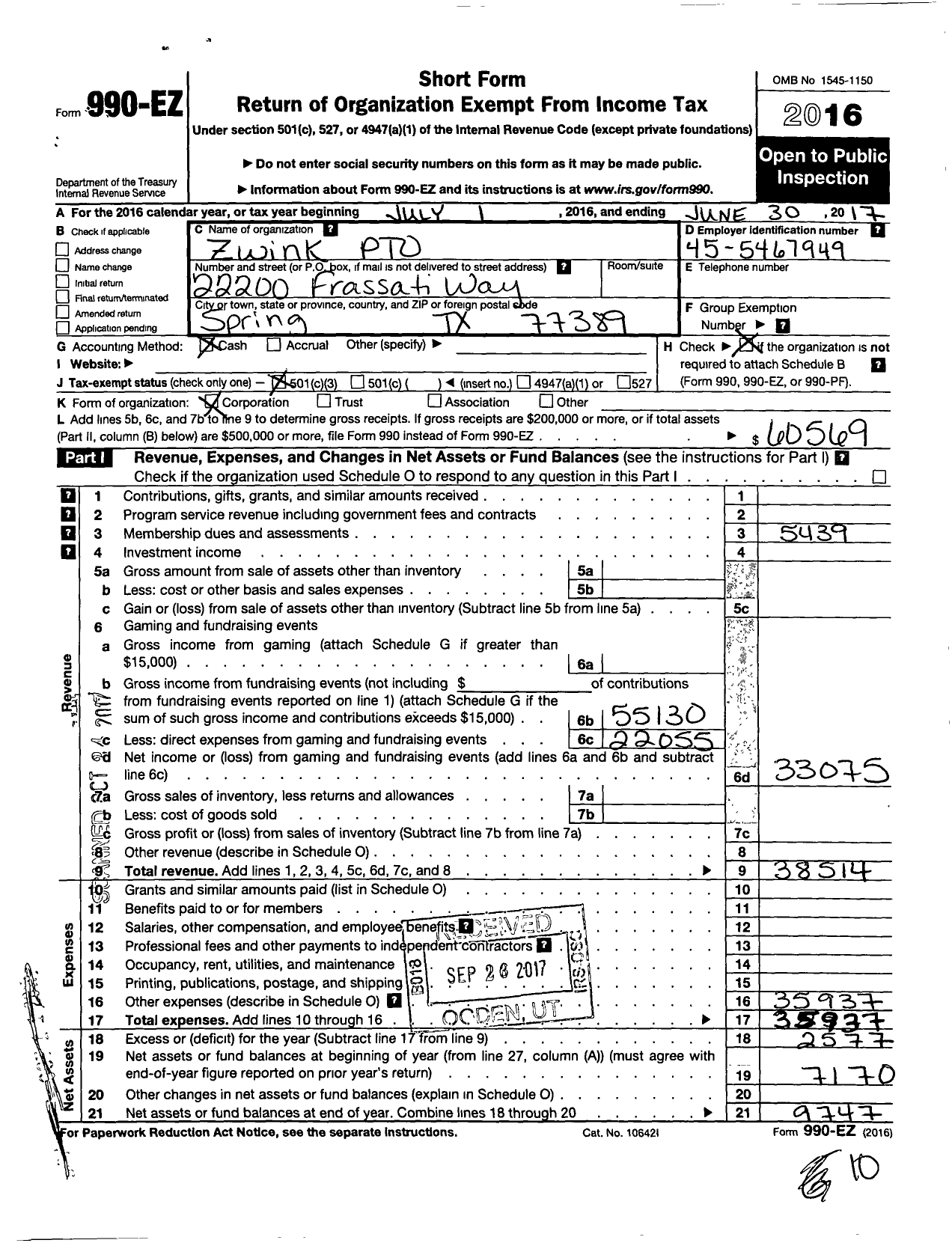 Image of first page of 2016 Form 990EZ for Klein Support Groups / Zwink Elementary Pto