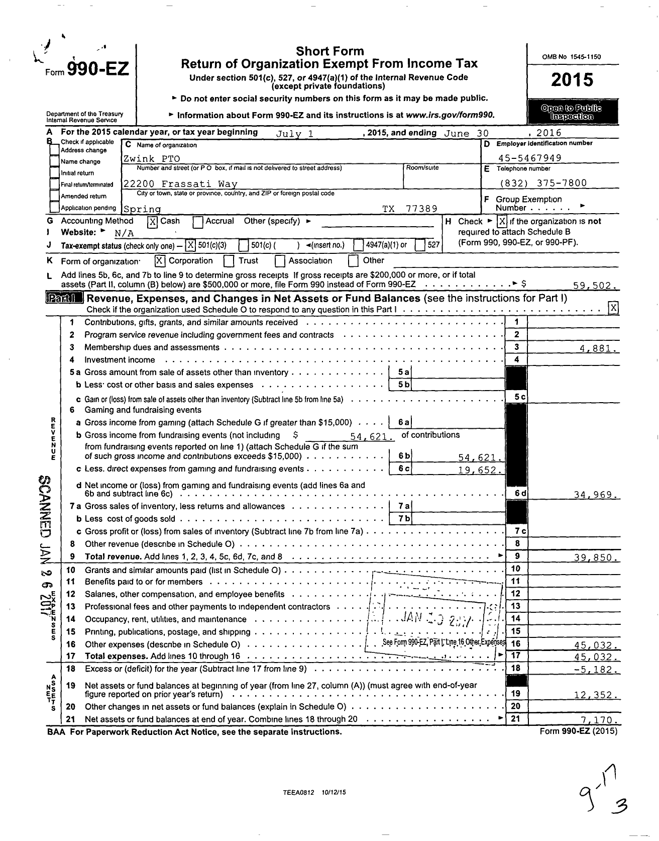 Image of first page of 2015 Form 990EZ for Klein Support Groups / Zwink Elementary Pto