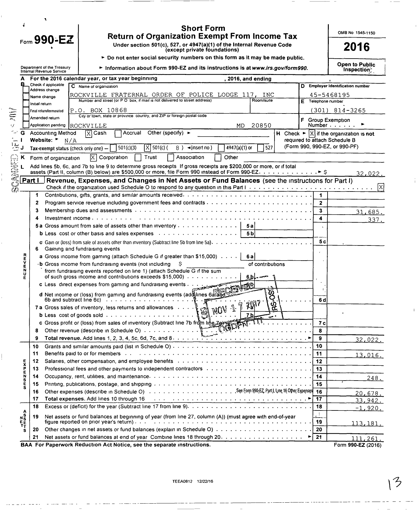 Image of first page of 2016 Form 990EO for Fraternal Order of Police - 117 Rockville City Police