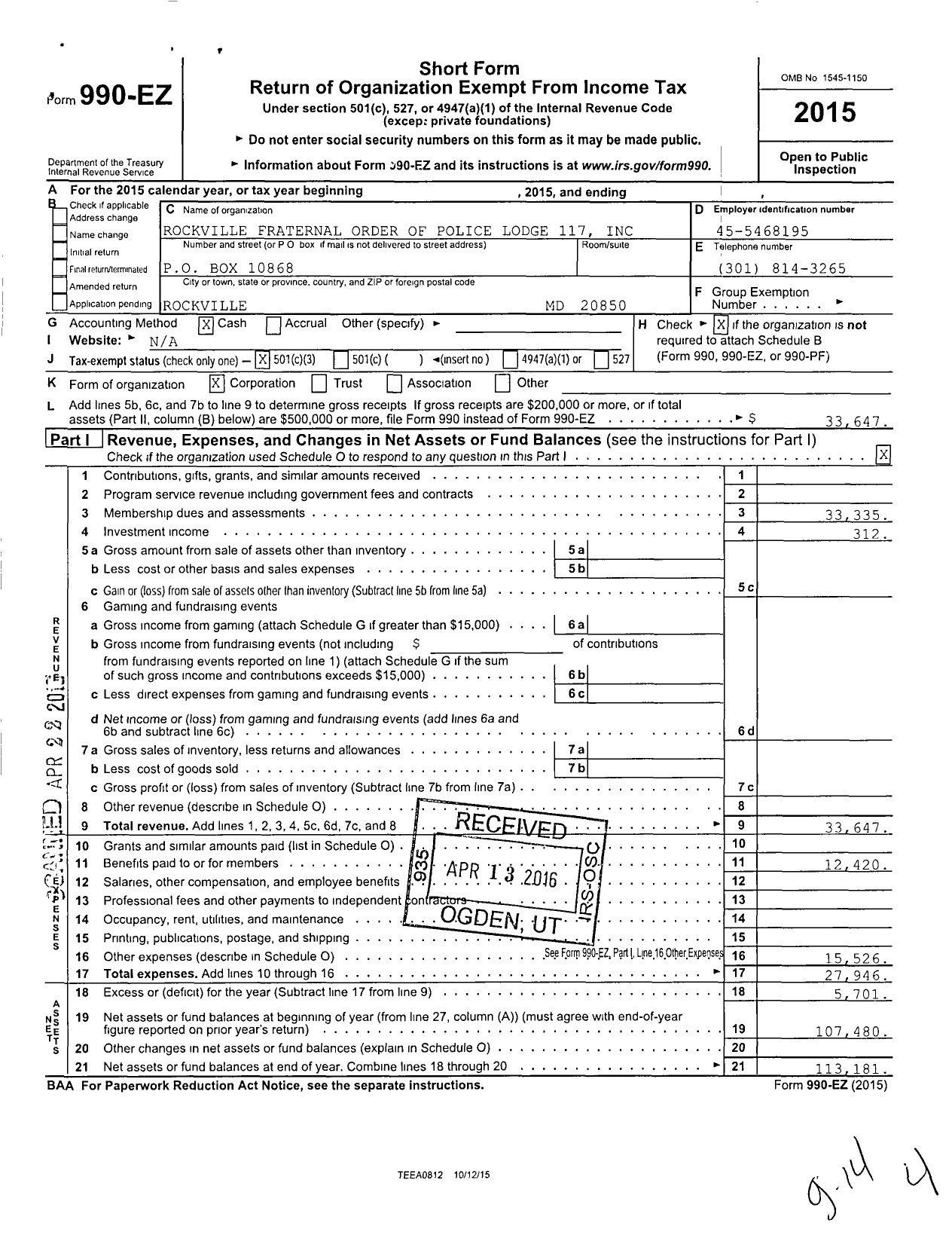 Image of first page of 2015 Form 990EZ for Fraternal Order of Police - 117 Rockville City Police