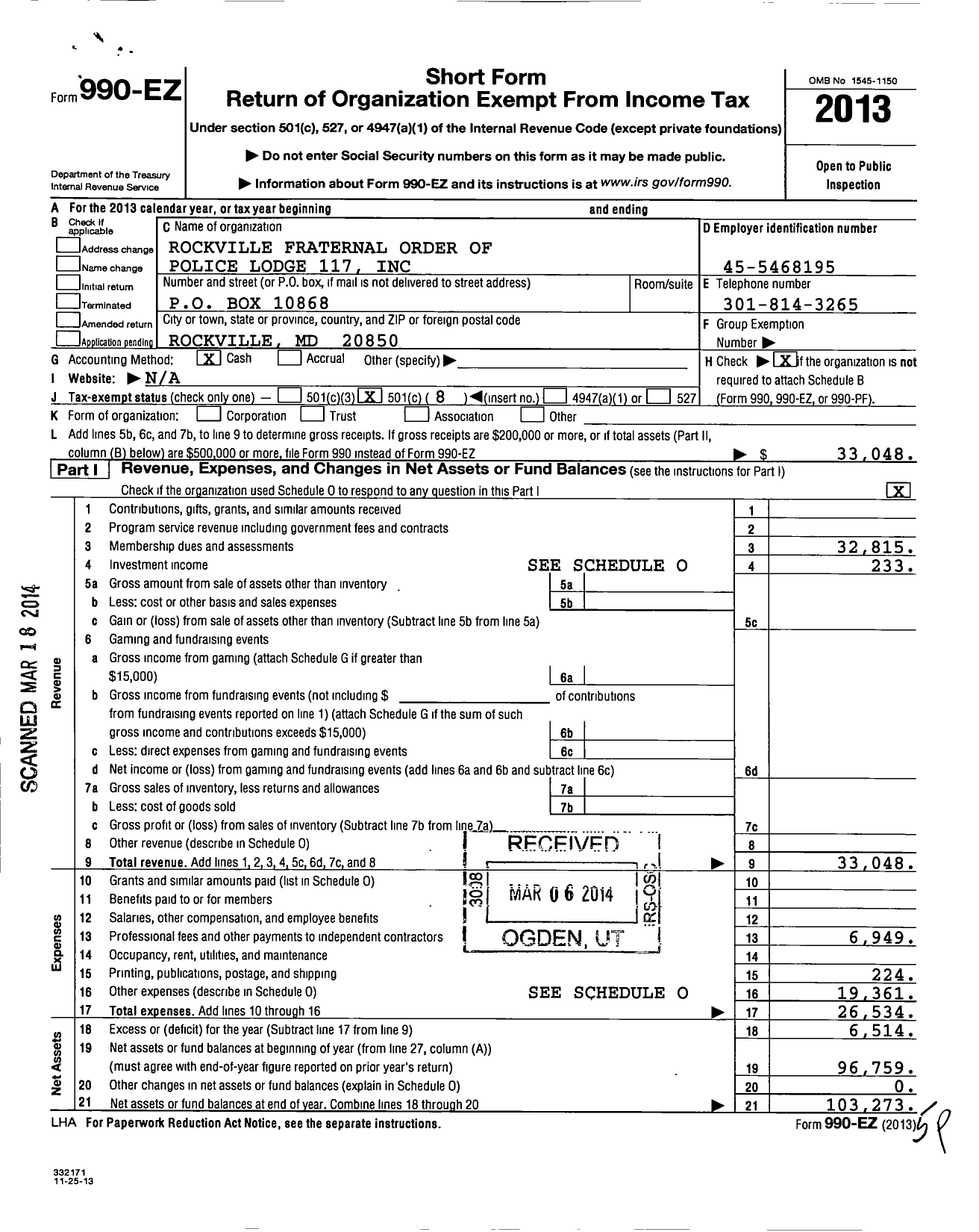 Image of first page of 2013 Form 990EO for Fraternal Order of Police - 117 Rockville City Police