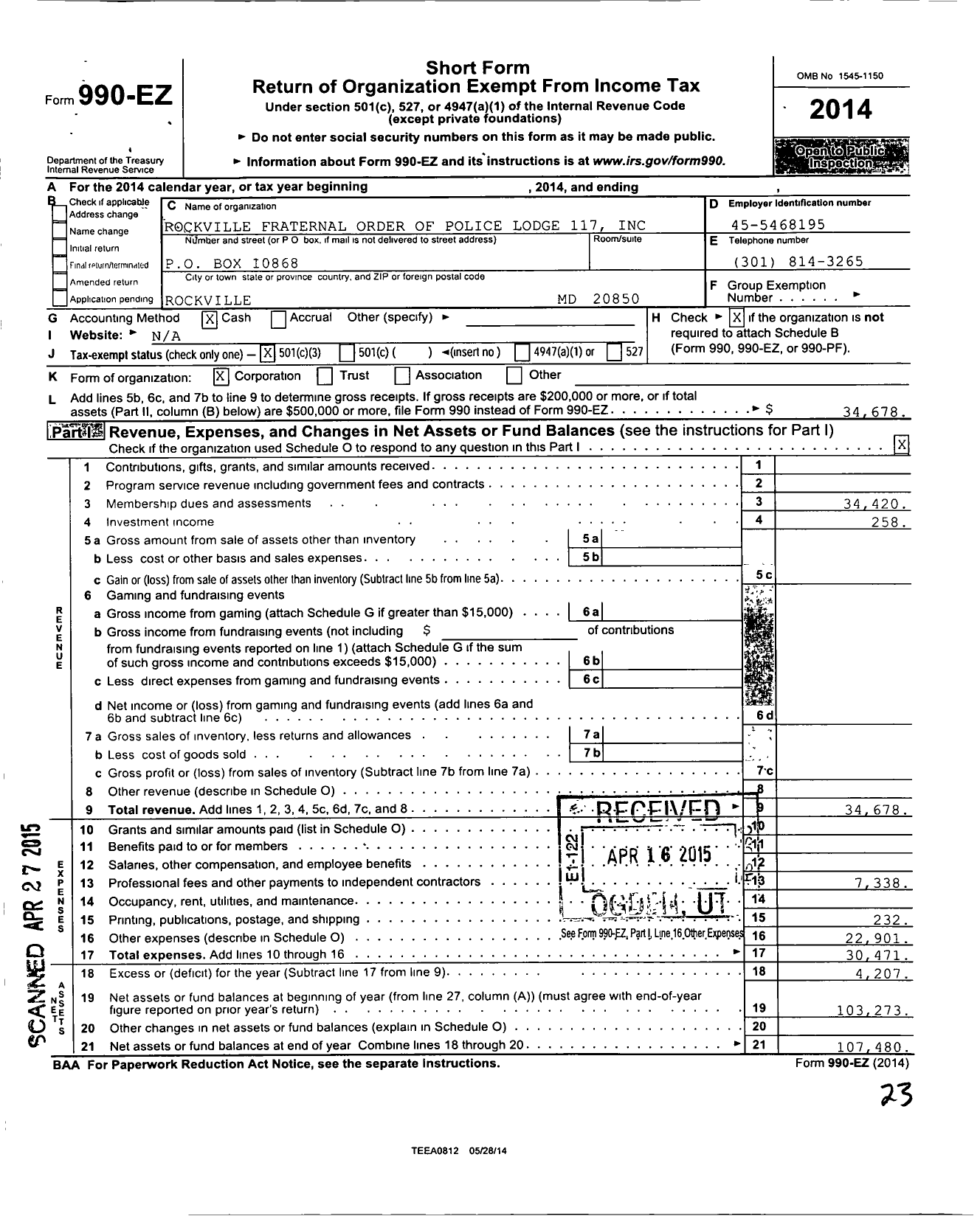 Image of first page of 2014 Form 990EZ for Fraternal Order of Police - 117 Rockville City Police