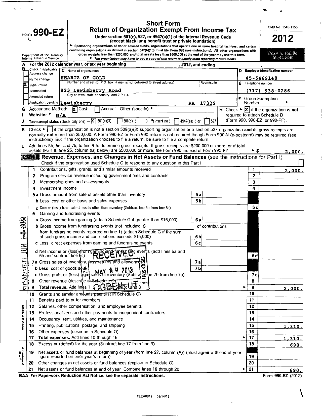 Image of first page of 2012 Form 990EZ for Heartz of Gold