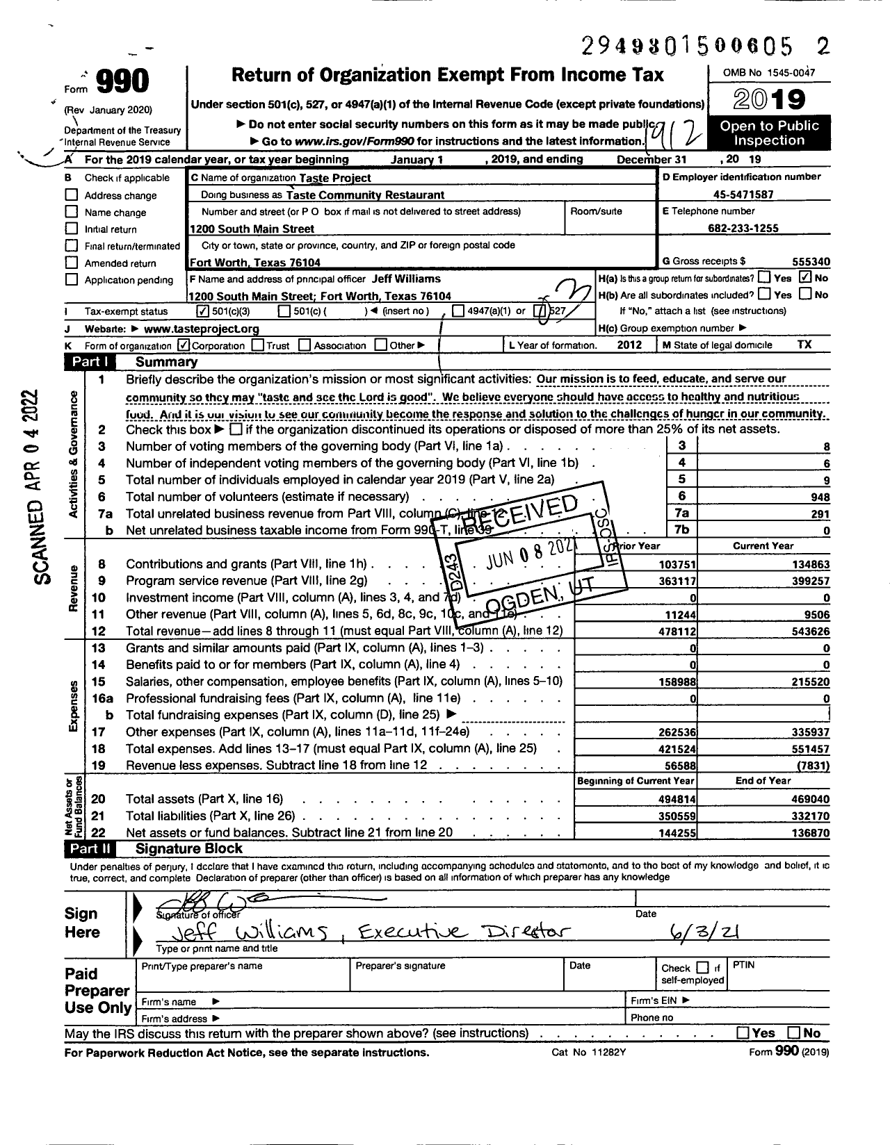 Image of first page of 2019 Form 990 for Taste Project