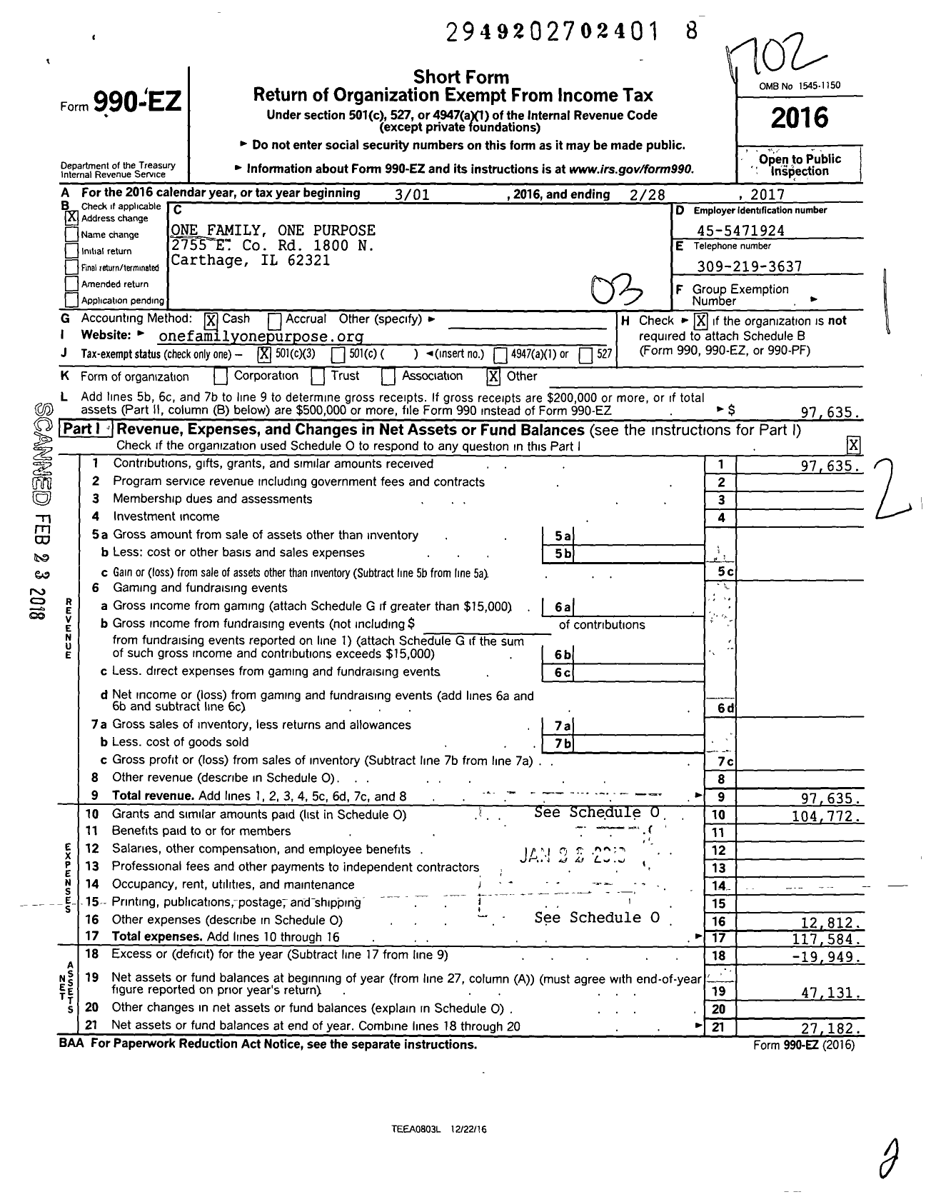 Image of first page of 2016 Form 990EZ for One Family One Purpose