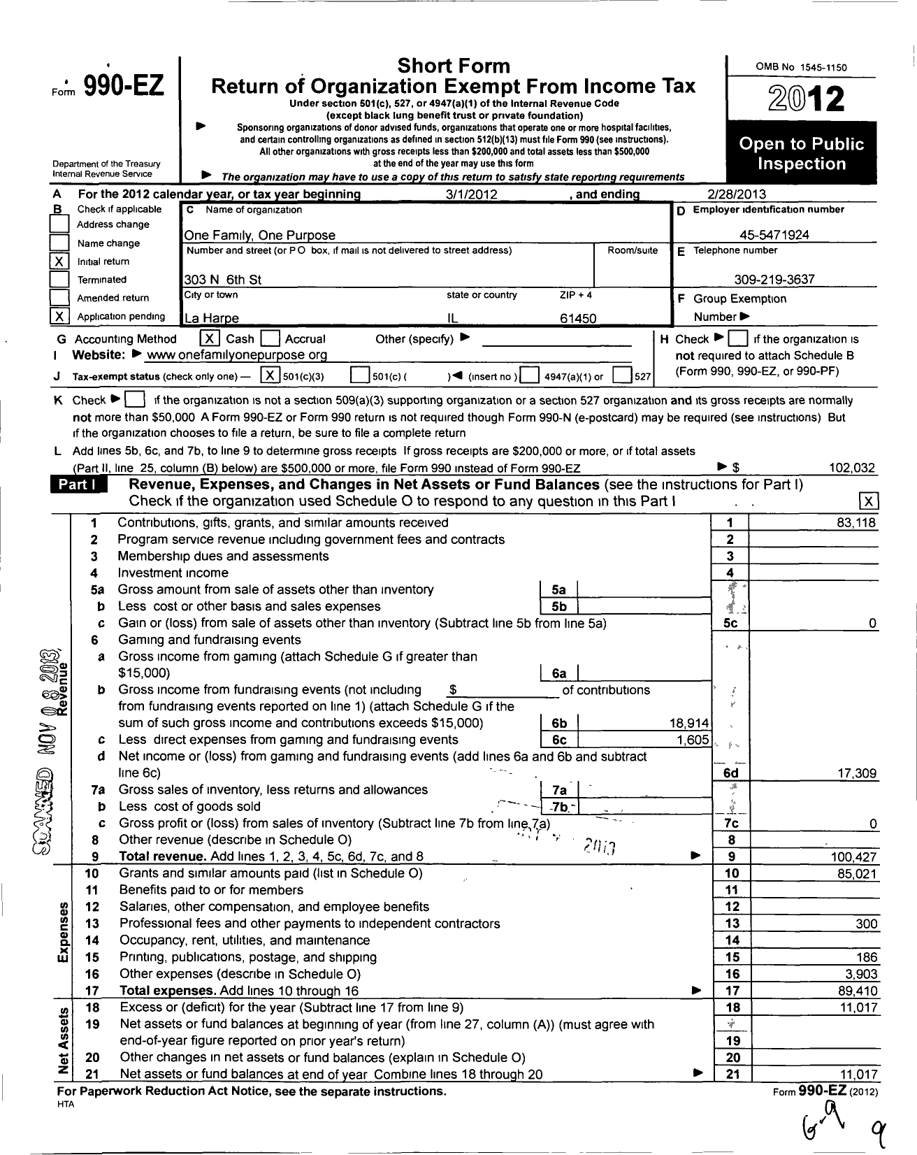 Image of first page of 2012 Form 990EZ for One Family One Purpose