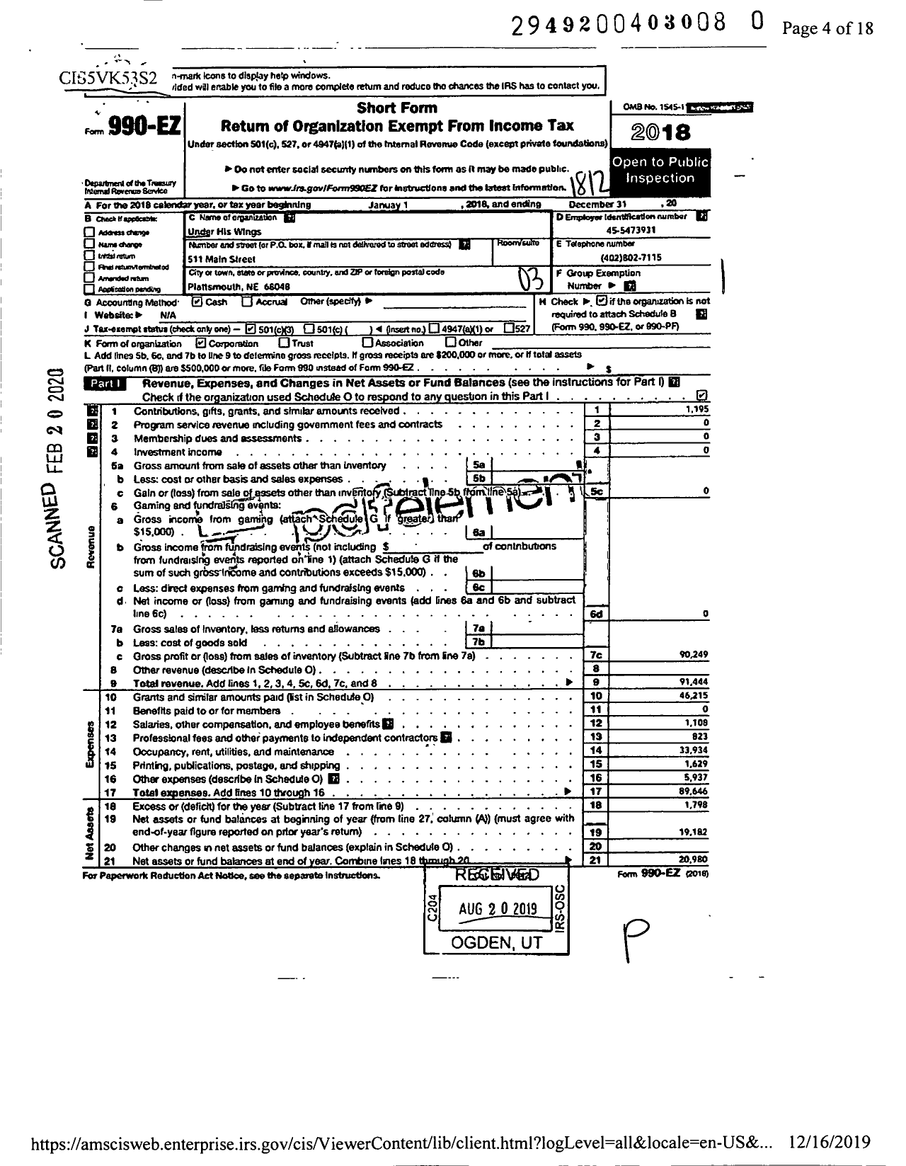 Image of first page of 2018 Form 990EZ for Under His Wings