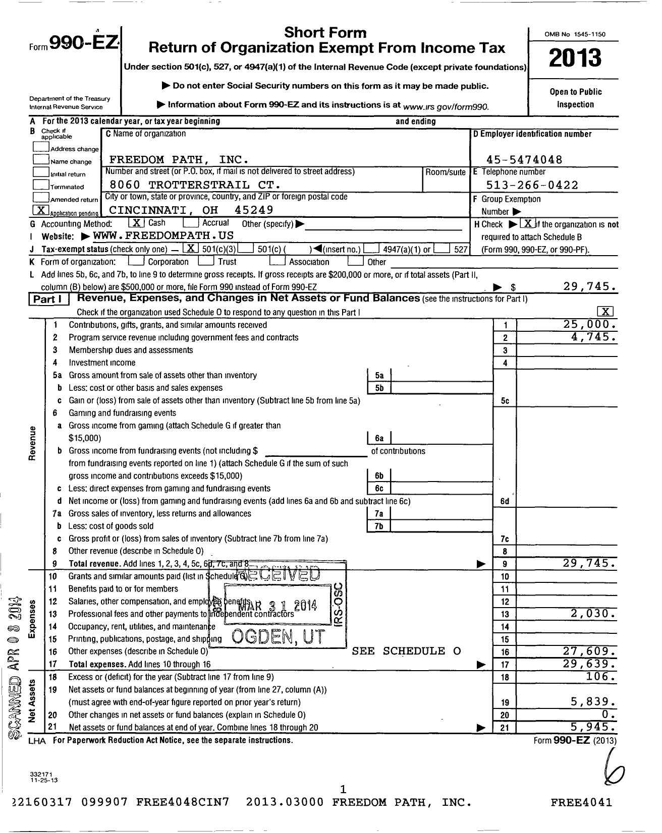 Image of first page of 2013 Form 990EZ for Freedom Path