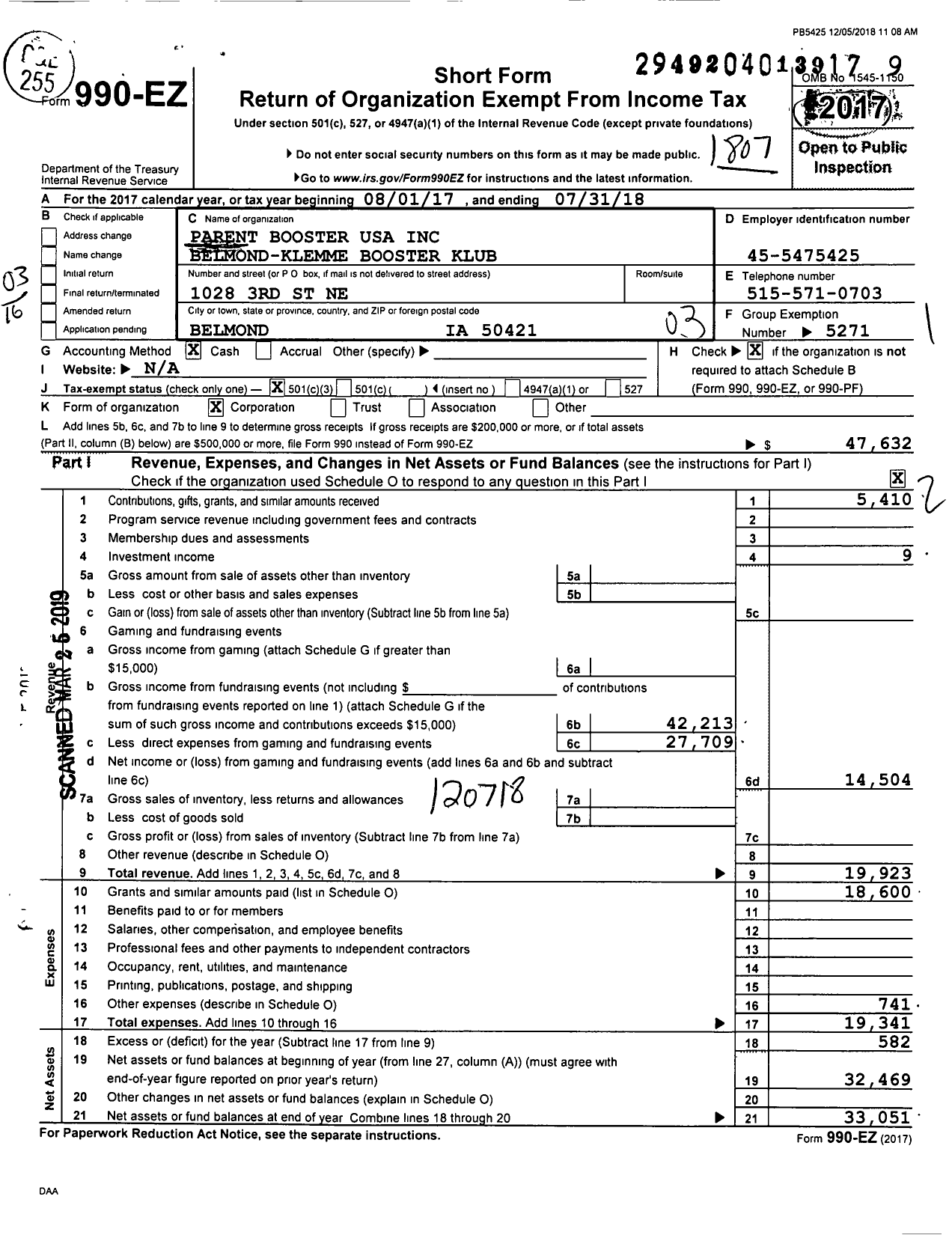 Image of first page of 2017 Form 990EZ for Parent Booster USA / Belmond-Klemme Booster Klub