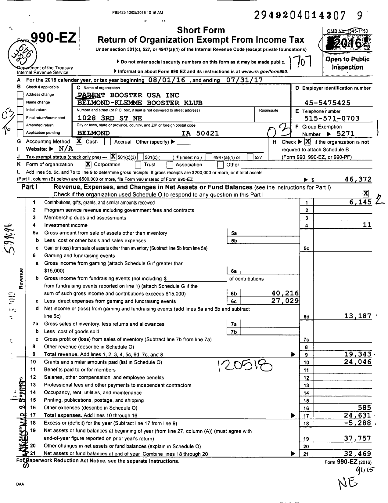 Image of first page of 2016 Form 990EZ for Parent Booster USA / Belmond-Klemme Booster Klub