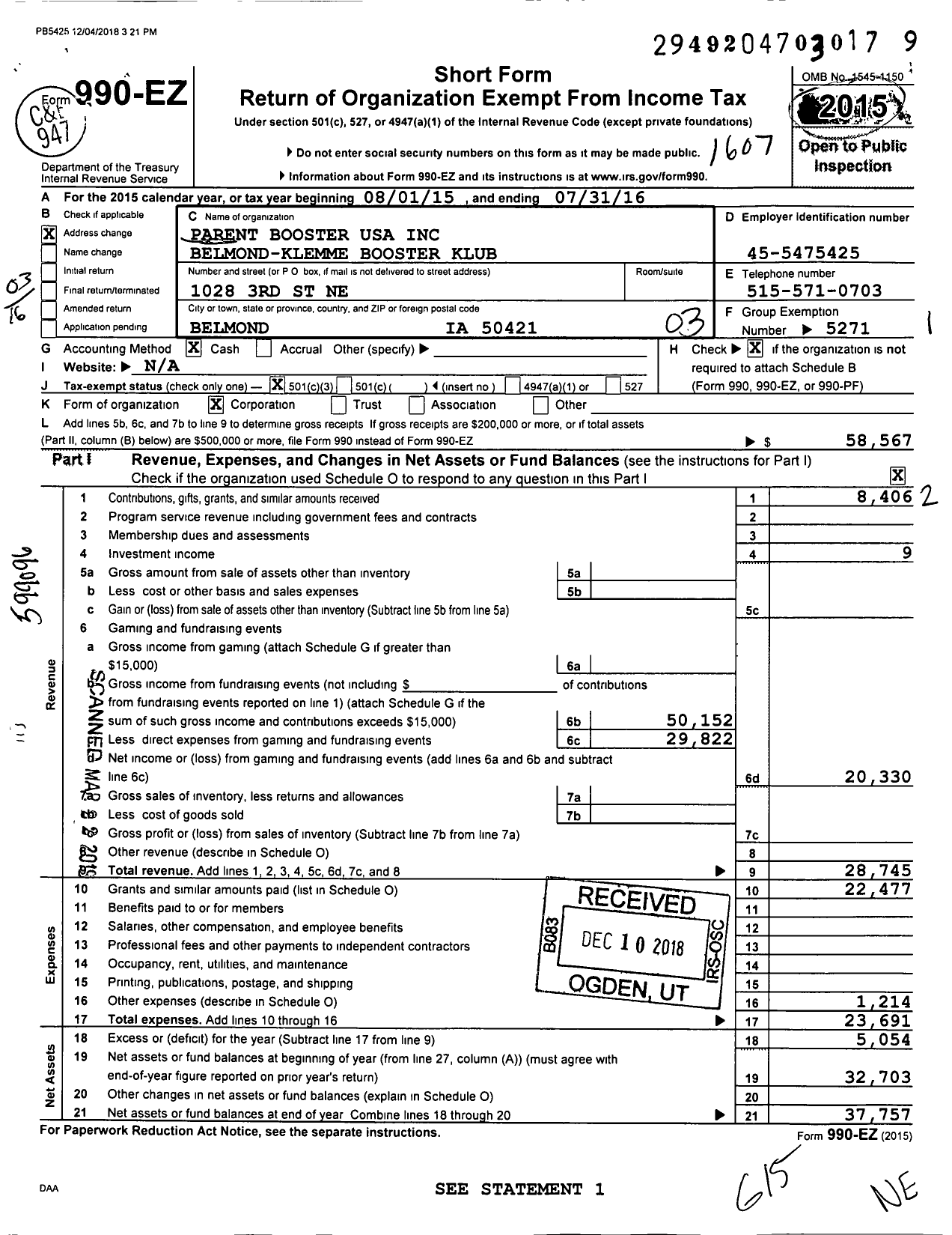 Image of first page of 2015 Form 990EZ for Belmond-Klemme Booster Klub