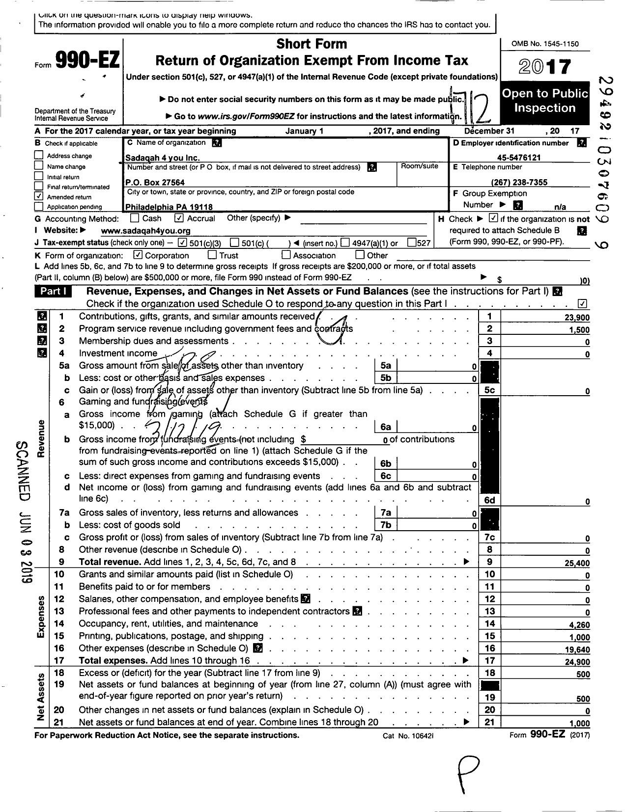 Image of first page of 2017 Form 990EZ for Sadaqah 4 You