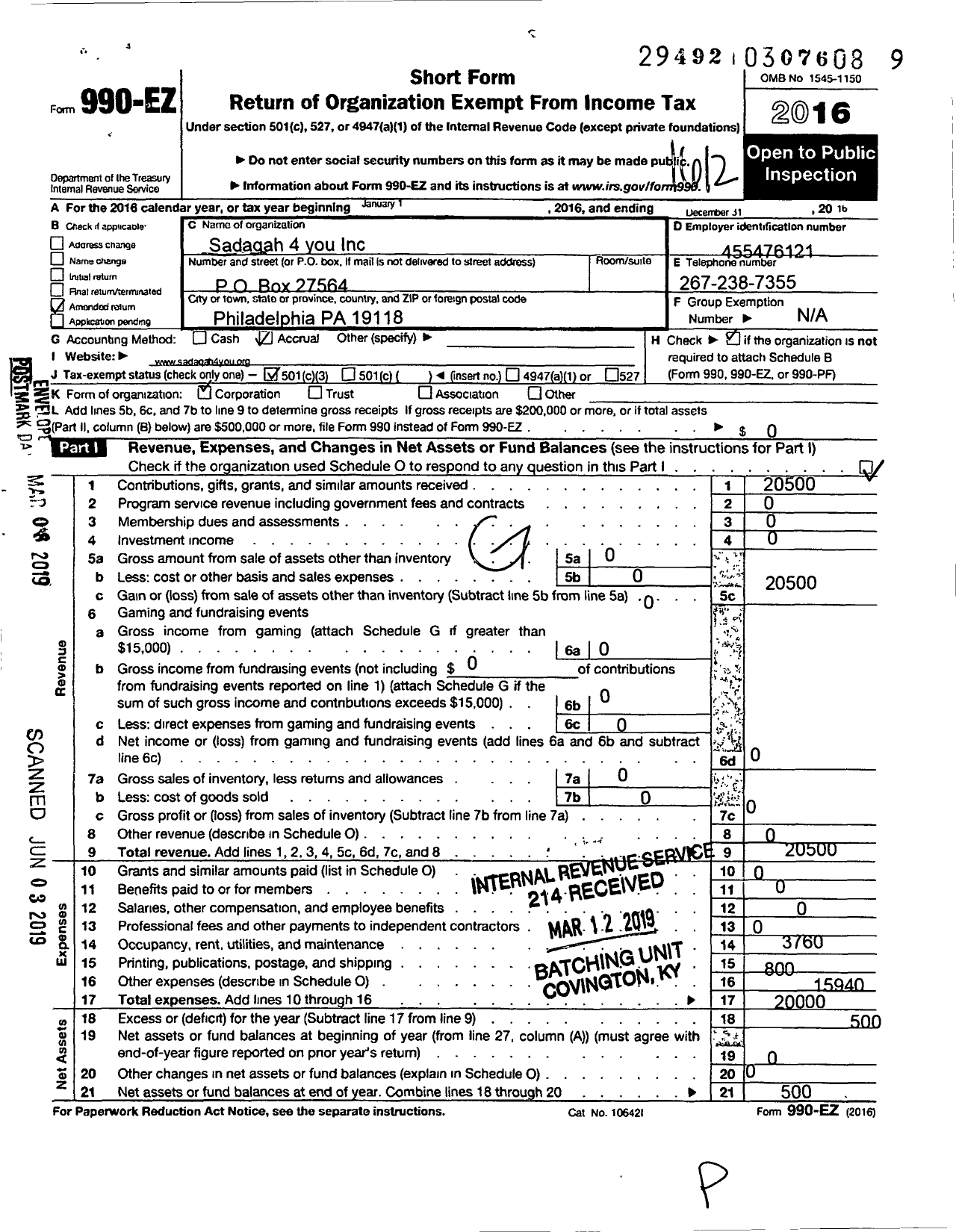 Image of first page of 2016 Form 990EZ for Sadaqah 4 You