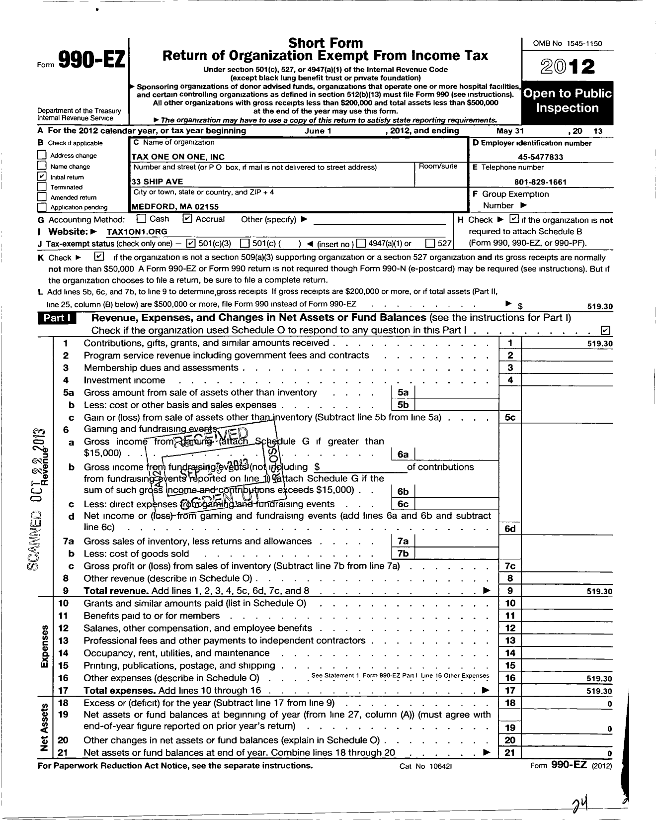 Image of first page of 2012 Form 990EZ for Tax One on One