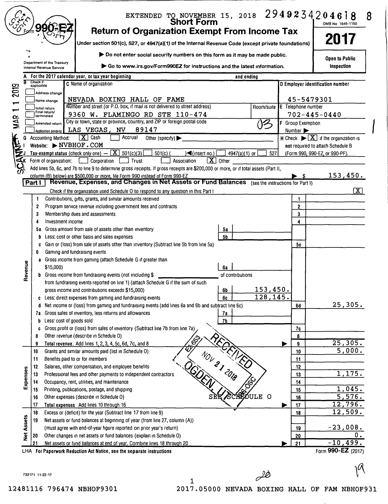 Image of first page of 2017 Form 990EZ for Nevada Boxing Hall of Fame