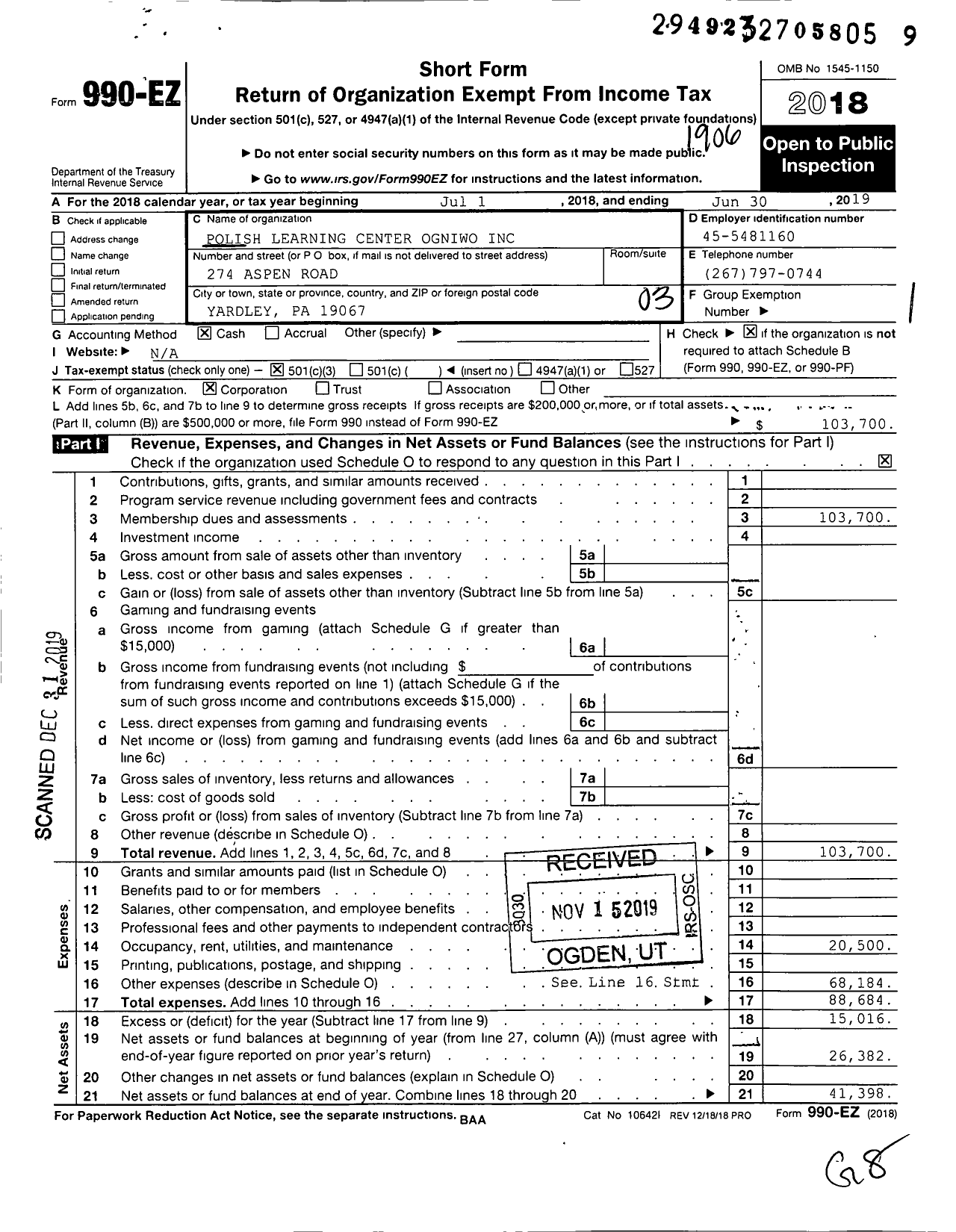 Image of first page of 2018 Form 990EZ for Polish Learning Center Ogniwo