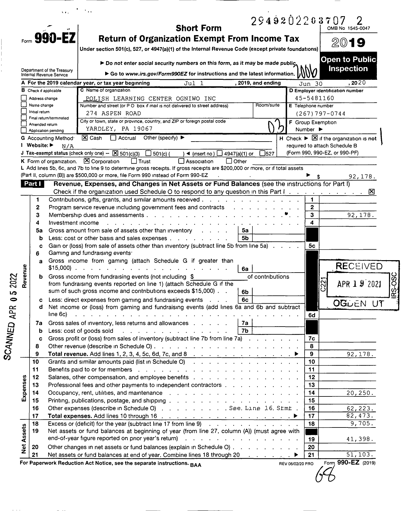 Image of first page of 2019 Form 990EZ for Polish Learning Center Ogniwo