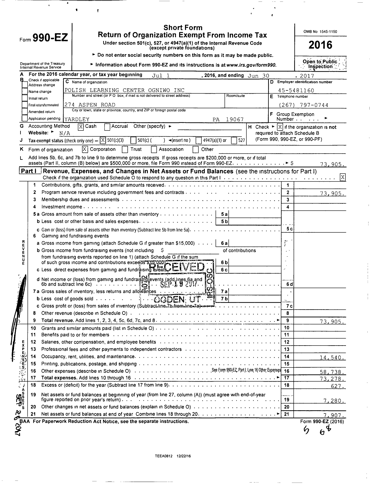 Image of first page of 2016 Form 990EZ for Polish Learning Center Ogniwo