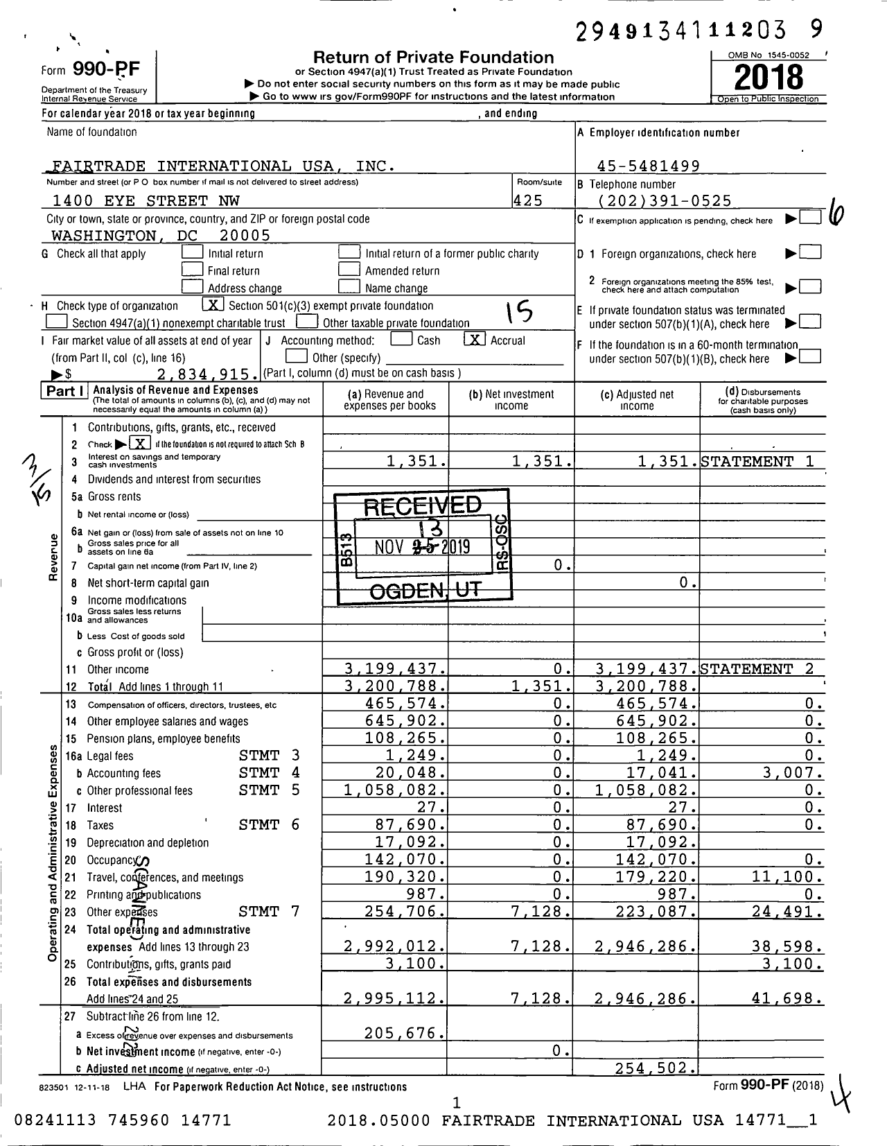 Image of first page of 2018 Form 990PF for Fairtrade America