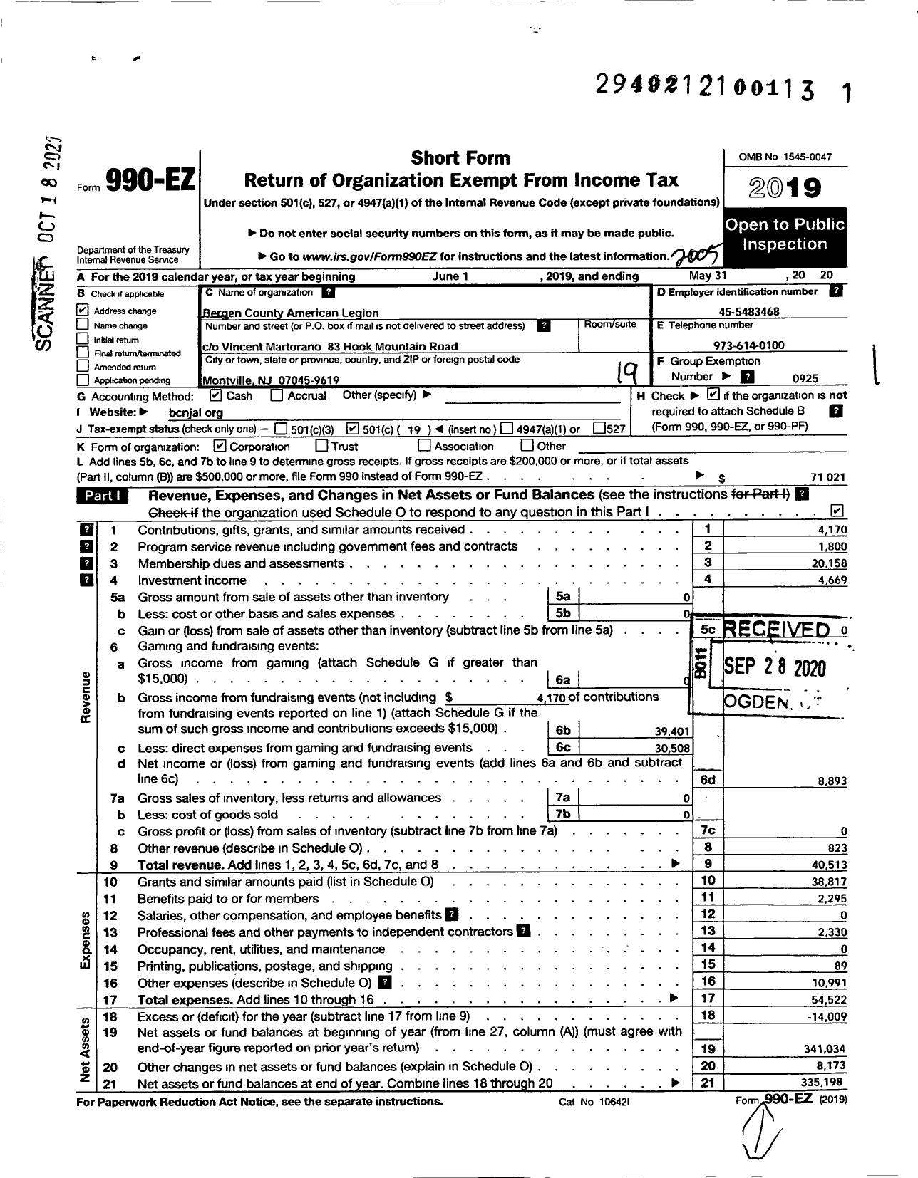 Image of first page of 2019 Form 990EO for Bergen County American Legion