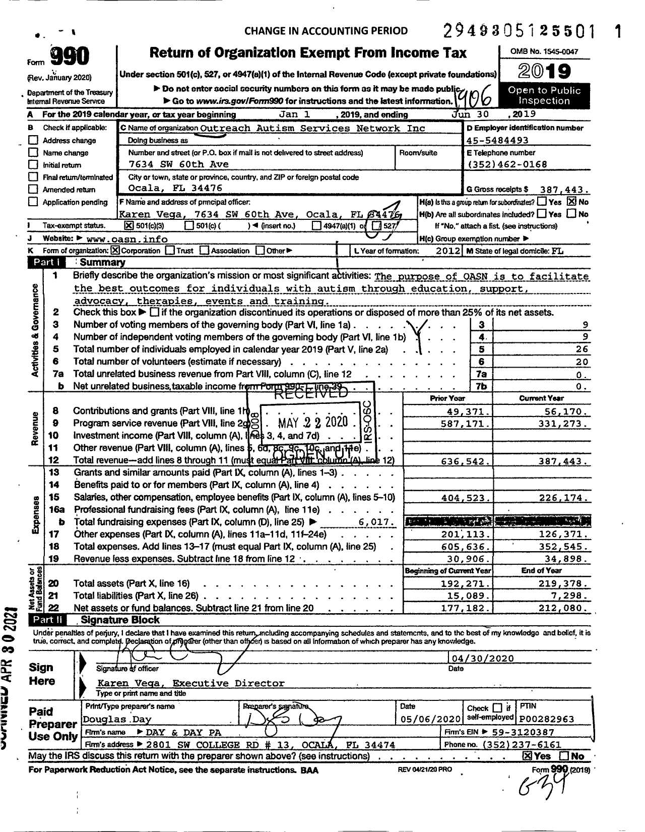 Image of first page of 2018 Form 990 for Outreach Autism Services Network