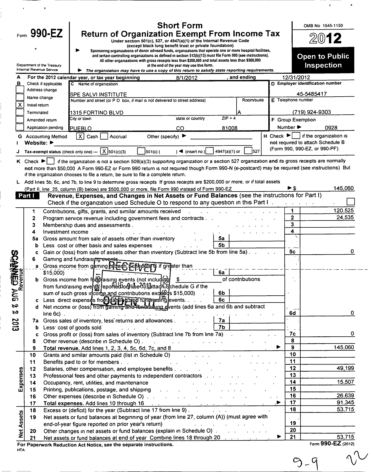 Image of first page of 2012 Form 990EZ for Spe Salvi Institute