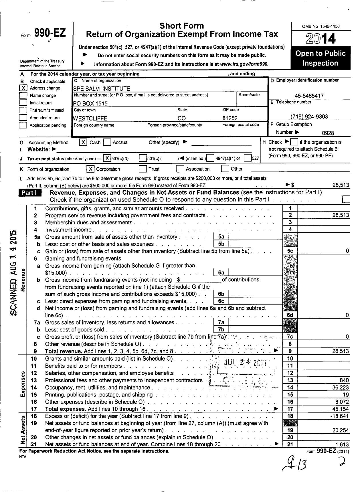 Image of first page of 2014 Form 990EZ for Spe Salvi Institute