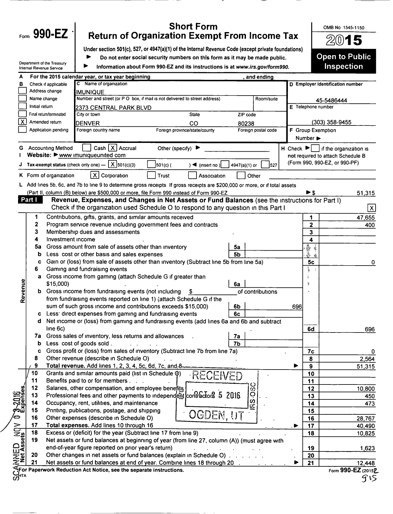 Image of first page of 2015 Form 990EZ for Im'Unique