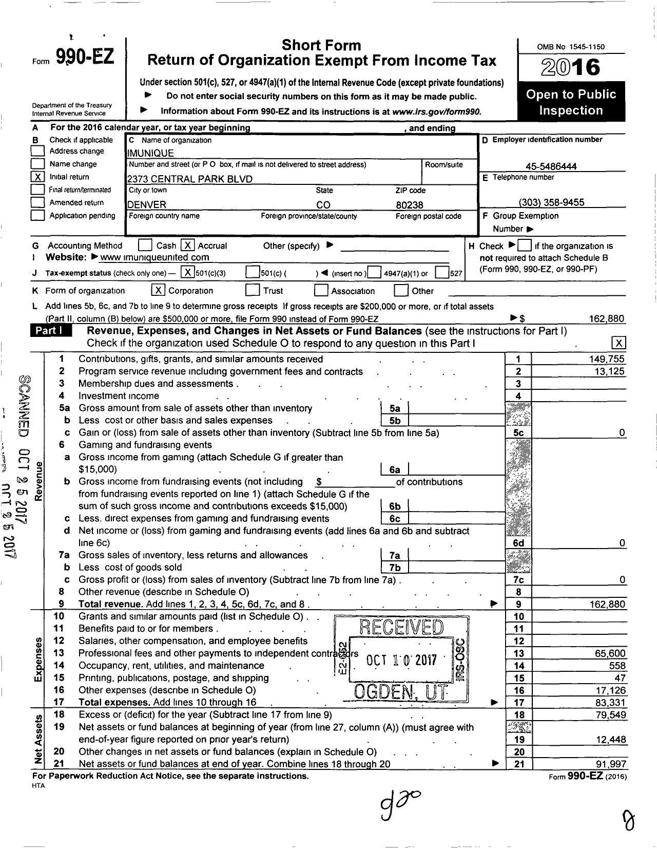 Image of first page of 2016 Form 990EZ for Im'Unique