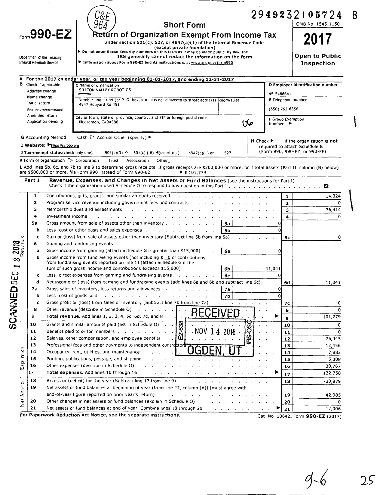 Image of first page of 2017 Form 990EO for Silicon Valley Robotics