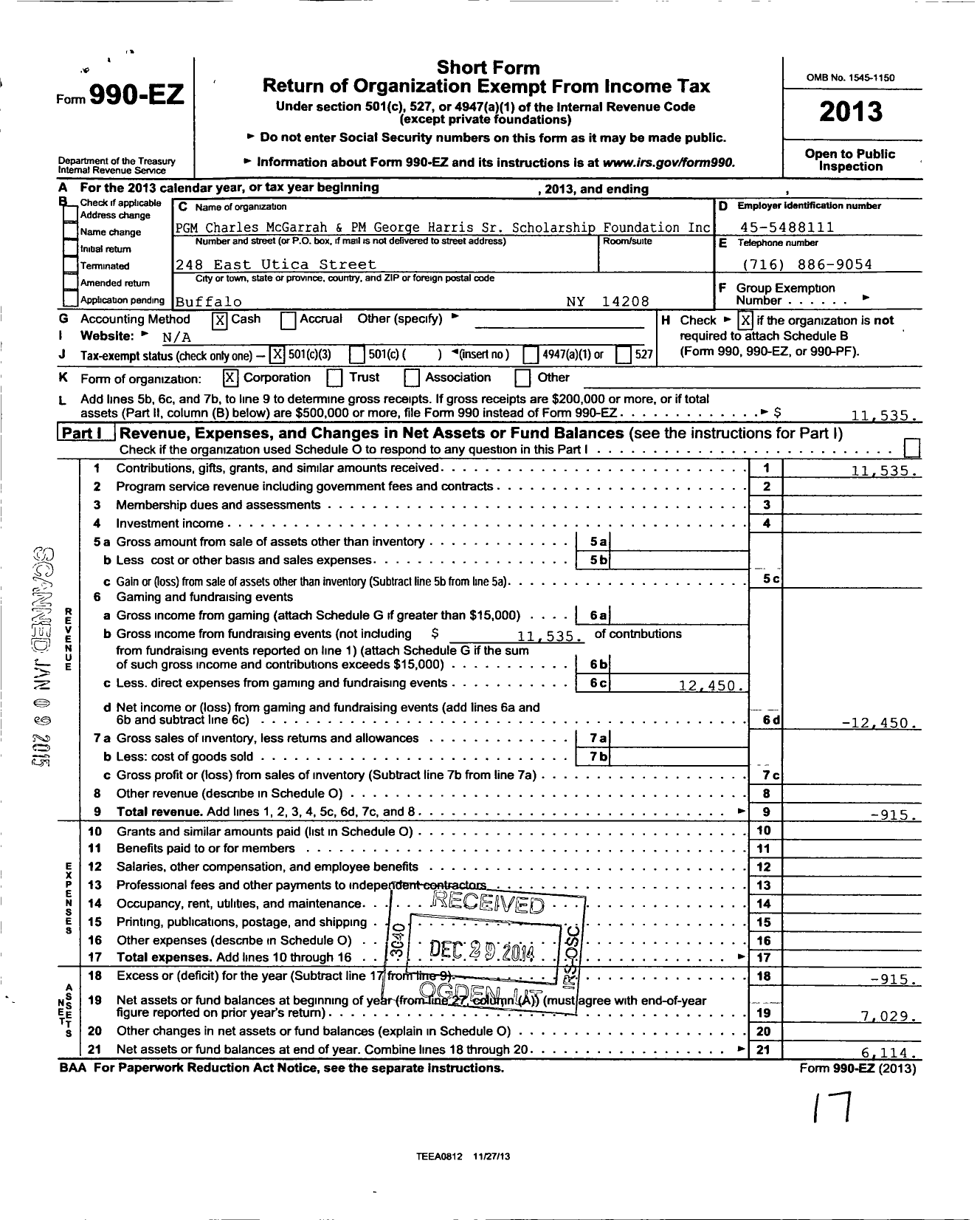 Image of first page of 2013 Form 990EZ for PGM Charles McGarrah and PM George Harris Sr Scholarship Foundation