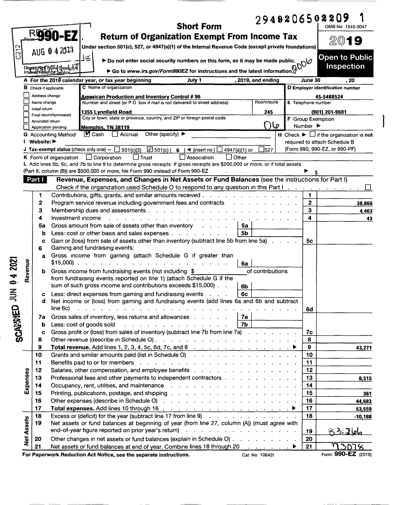 Image of first page of 2019 Form 990EO for Memphis Apics Chapter 96