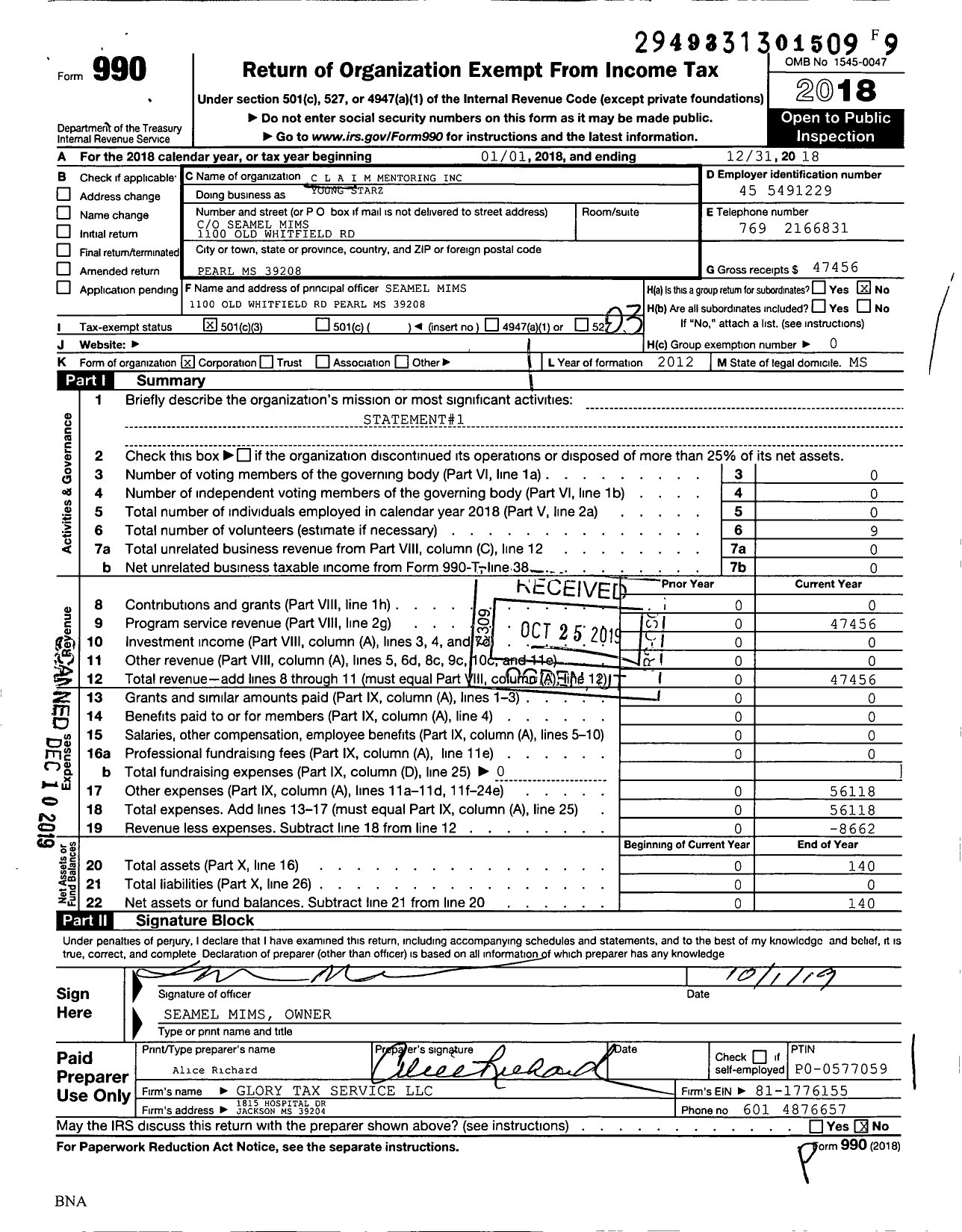 Image of first page of 2018 Form 990 for Claim Mentoring