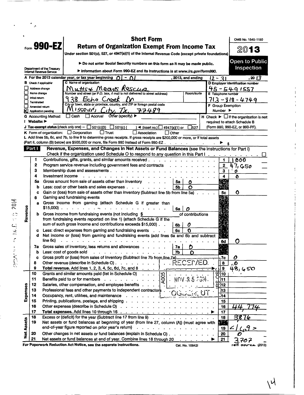 Image of first page of 2013 Form 990EO for Mutts and Meows Rescue