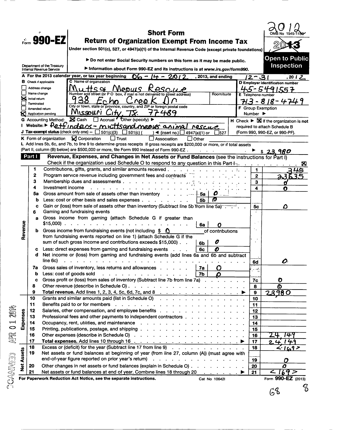 Image of first page of 2012 Form 990EO for Mutts and Meows Rescue