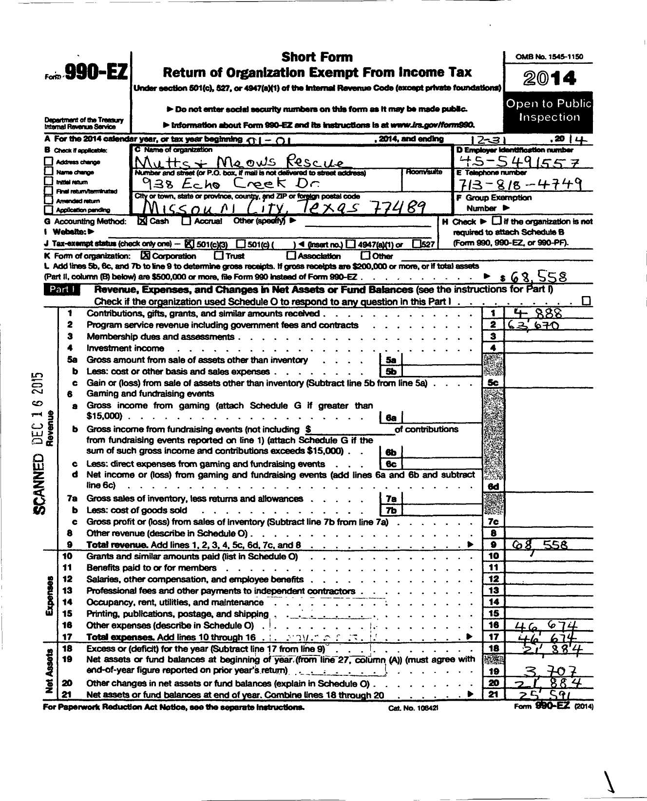 Image of first page of 2014 Form 990EZ for Mutts and Meows Rescue