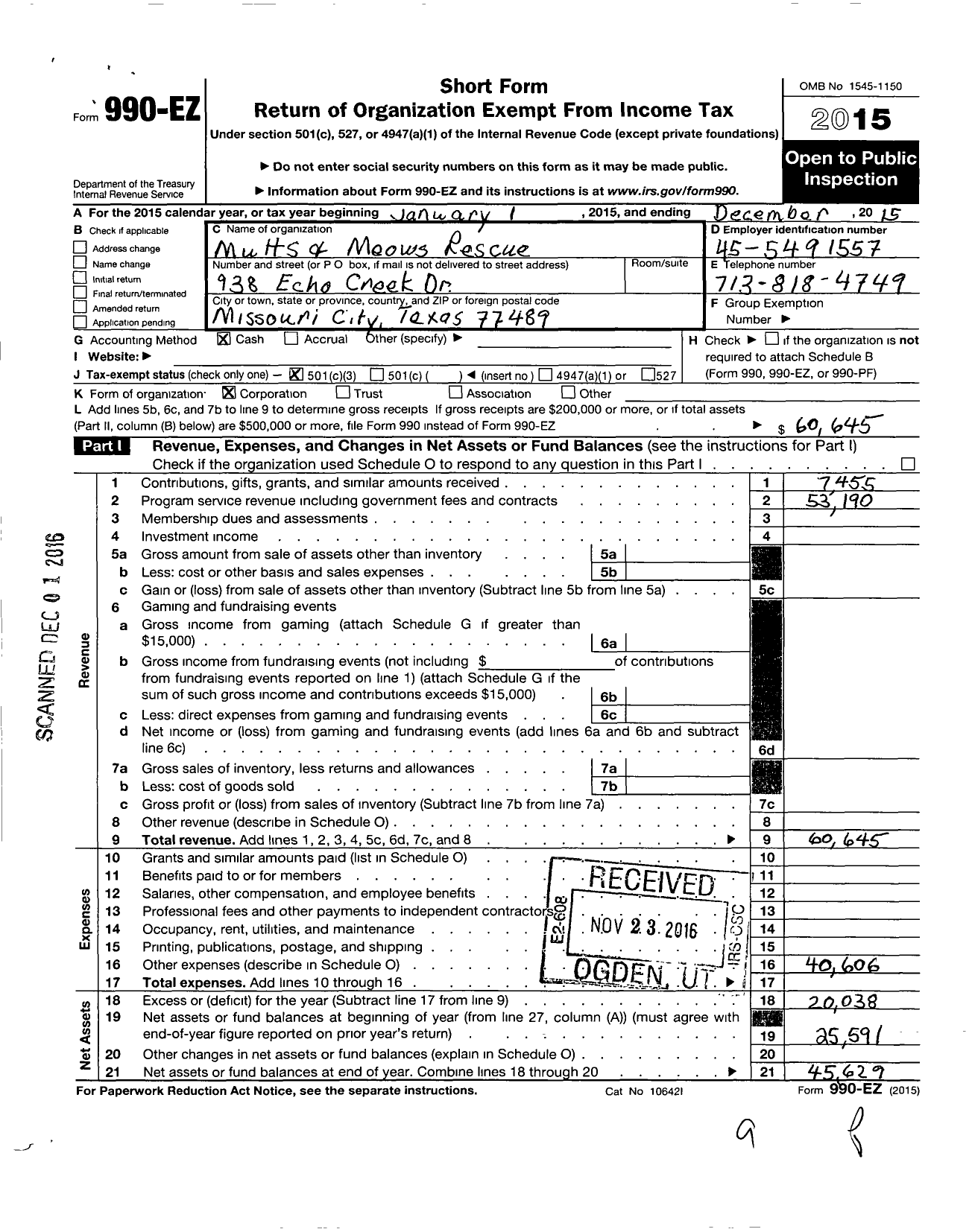 Image of first page of 2015 Form 990EZ for Mutts and Meows Rescue