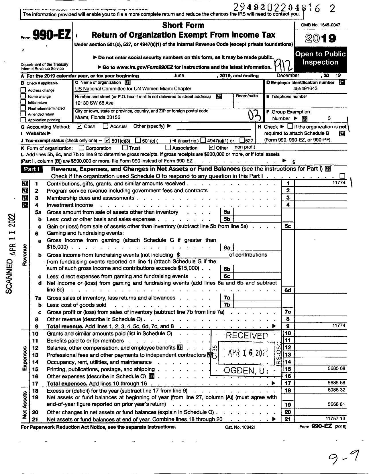 Image of first page of 2019 Form 990EZ for Us National Committee for Un Women / Miami Chapter of the Us National Co