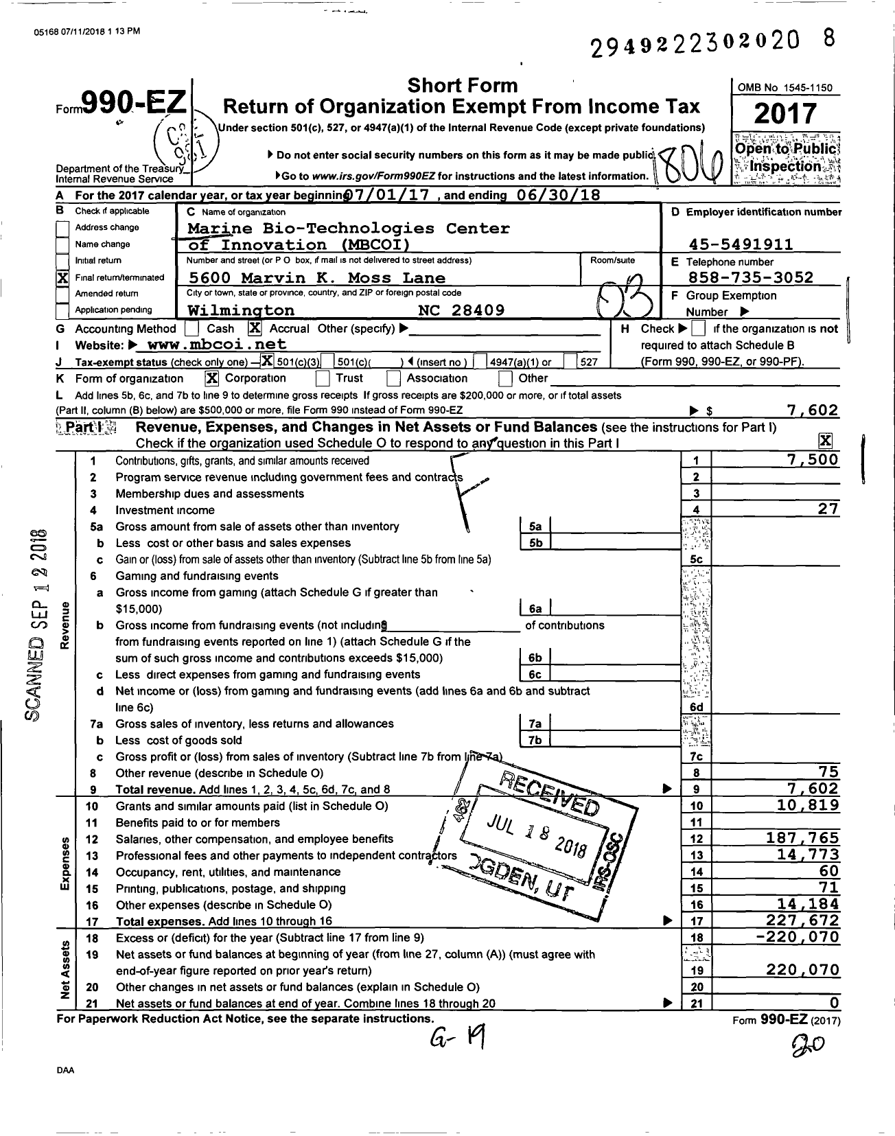 Image of first page of 2017 Form 990EZ for Marine Bio-Technologies Center of Innovation (MBCOI)